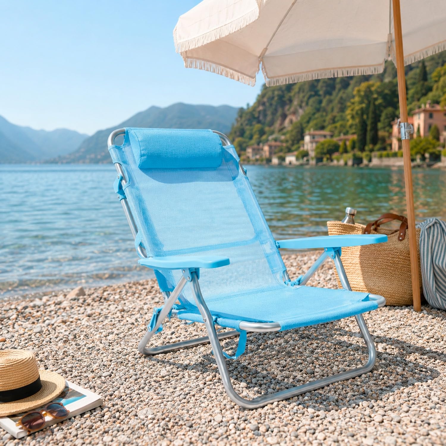 Arreditaly Spiaggina Relax Pieghevole Da Mare Con Telaio In Alluminio Seduta In Textilene Traspirante Poggiatesta Integrato E Braccioli Ergonomici Per Campeggio Outdoor 53 x 62 x 77 Cm Azzurro