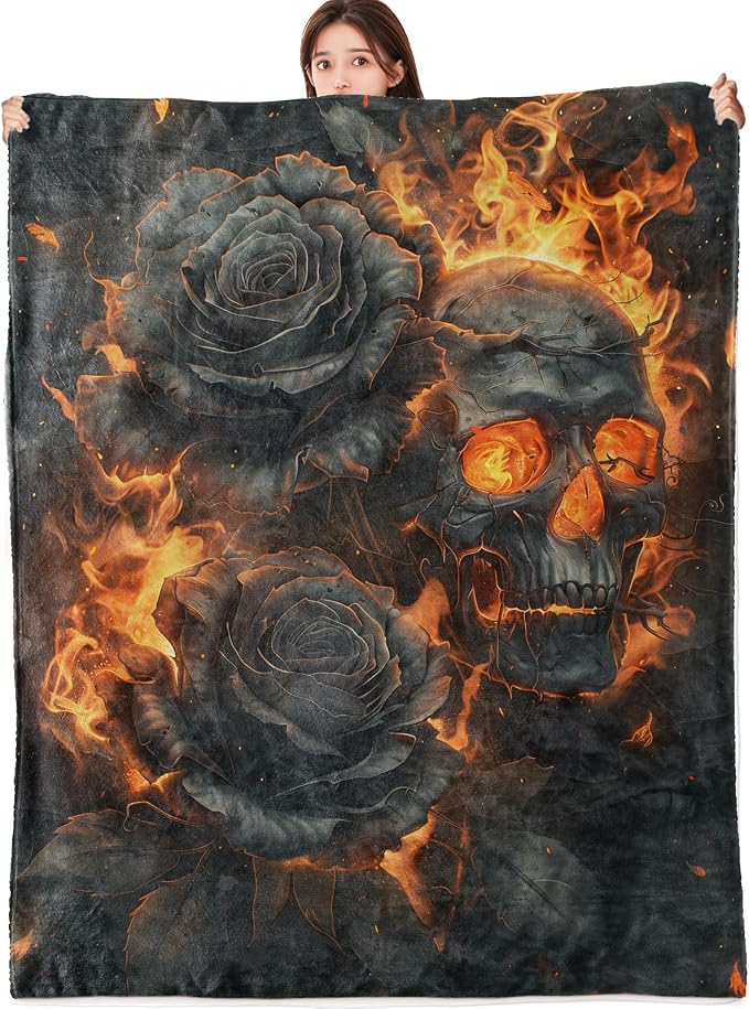 Gothic Skull and Black Rose Blanket Lightweight Flannel Blankets Gifts for Adults with Dark Fiery Art Printed Throw for Couch Chair Office Bedroom Autumn Halloween Decor, 60x50inch