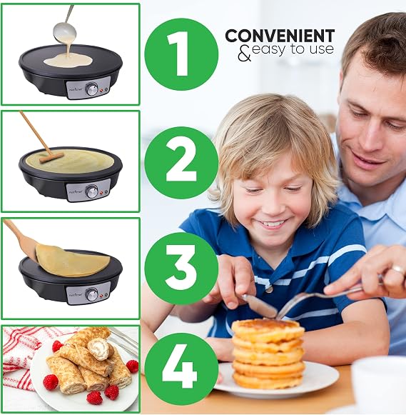 NutriChef Electric Griddle & Crepe Maker | Nonstick 12 Inch Hot Plate Cooktop | Adjustable Temperature Control | Batter Spreader & Wooden Spatula | Used Also For Pancakes, Blintzes & Eggs