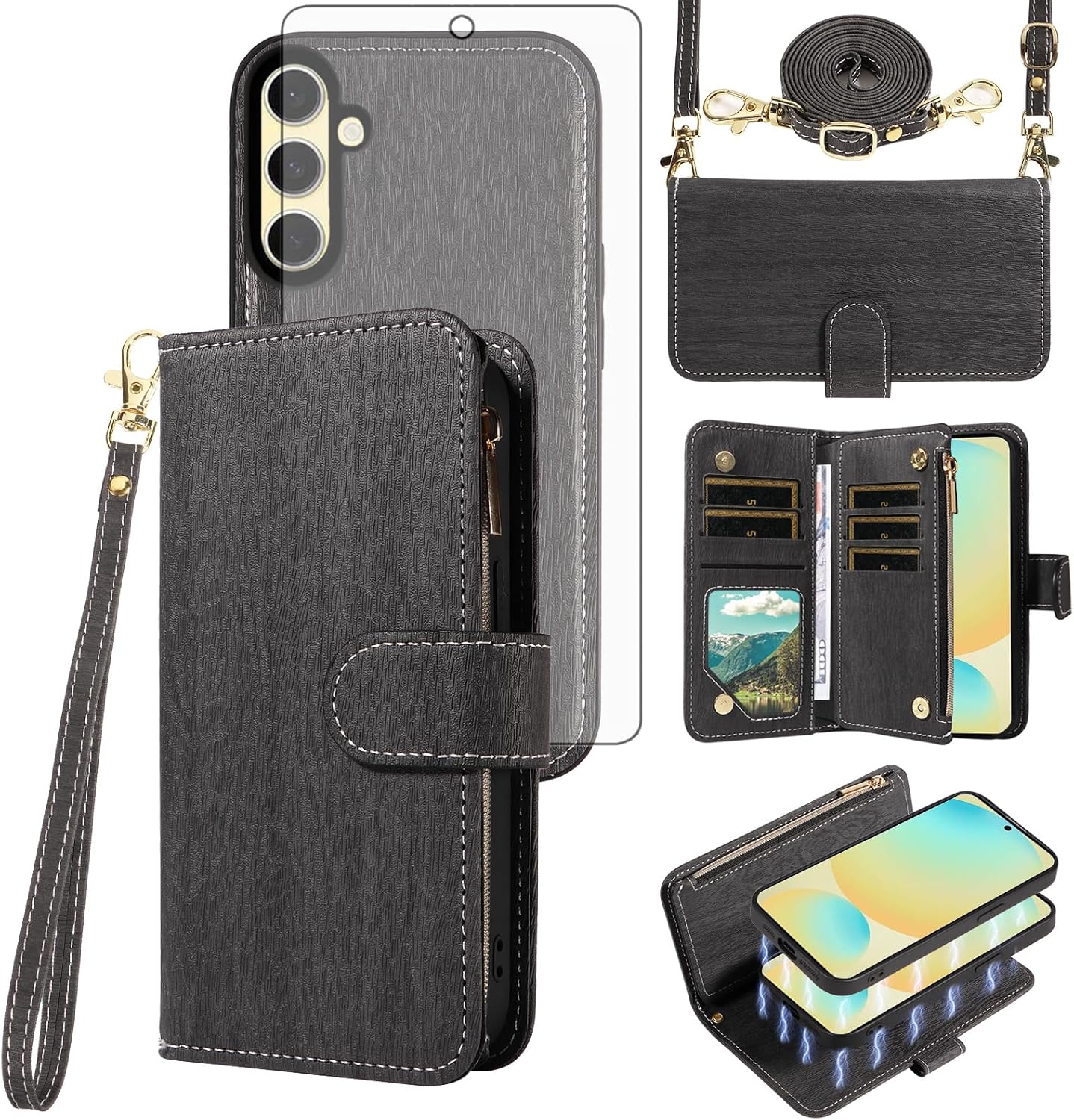 Asuwish Phone Case for Samsung Galaxy S24 FE 5G Zipper Wallet Magnetic Detachable Cell Cover with Tempered Glass Screen Protector Crossbody Lanyard Strap Card Holder S 24 EF S24FE 24S Women Rose Red
