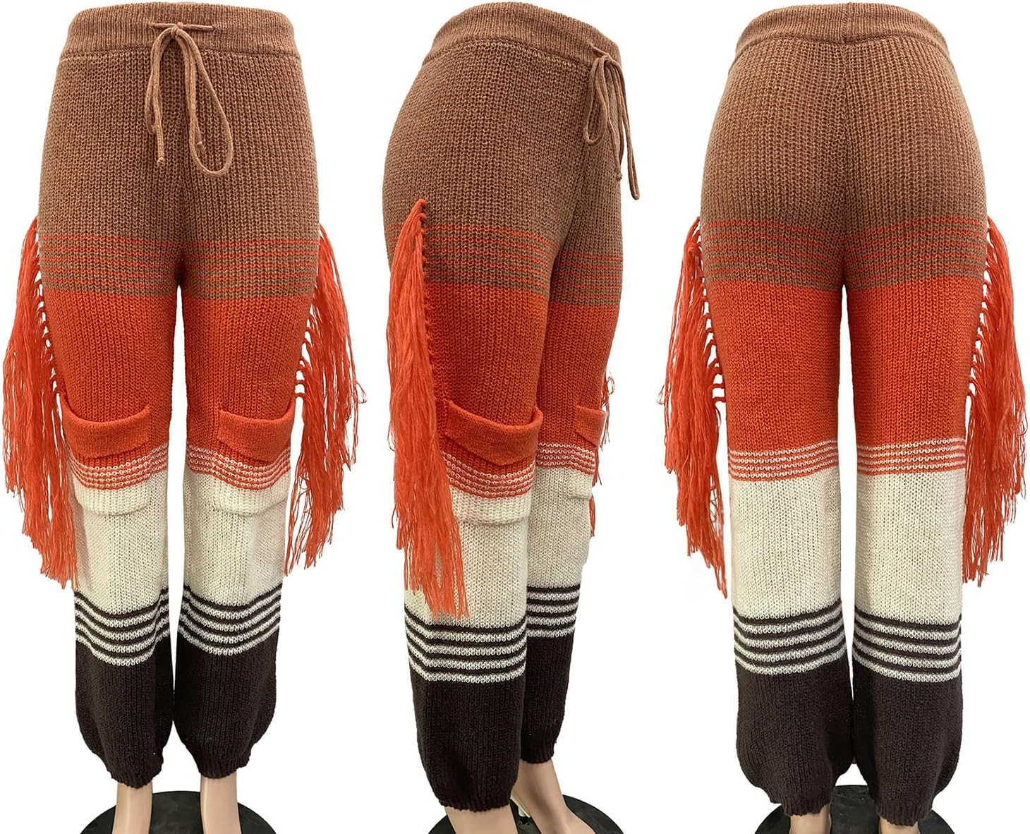 Famnbro Women's Color Block Crochet Knit Pants Drawstring High Waist Cargo Pockets Side Tassel Loose Trousers