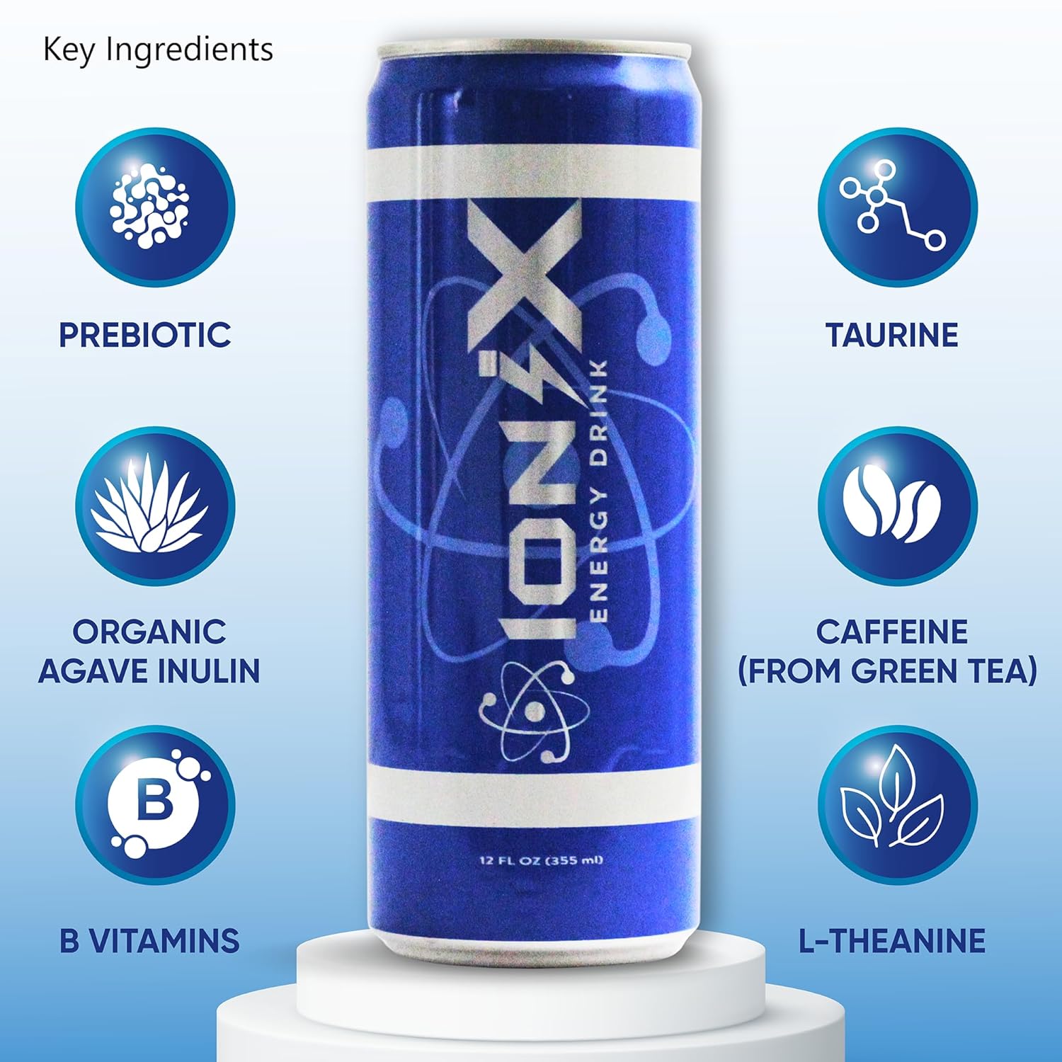 Nootropic Energy Drink - ionix Nootropic Drink to Boost Focus and Mood with Natural Green Tea Caffeine, Vitamins & Prebiotic for Gut Health, Pure Cane Sugar & L-Theanine - 12 fl oz Cans (Pack of 12)