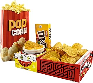 SNAPPY Movie Night Supplies 18 Pcs - Popcorn Theater Bags (12ct) & Maze Craze Popcorn Trays (6ct) - Home Theater Snack Boxes Family Movie Snack Tray