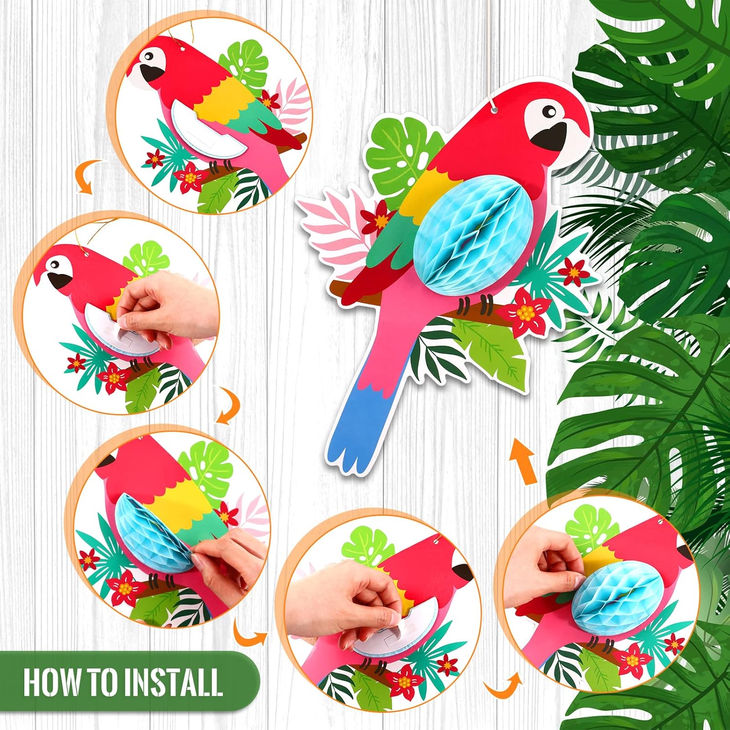 Sabary 30 Pieces Cardstock Paper Palm Trees Hawaiian Hibiscus Flower Cutouts Honeycomb Birds Artificial Tropical Palm Leaves Luau Tiki Jungle Theme Birthday Party Decorations Rainforest Summer