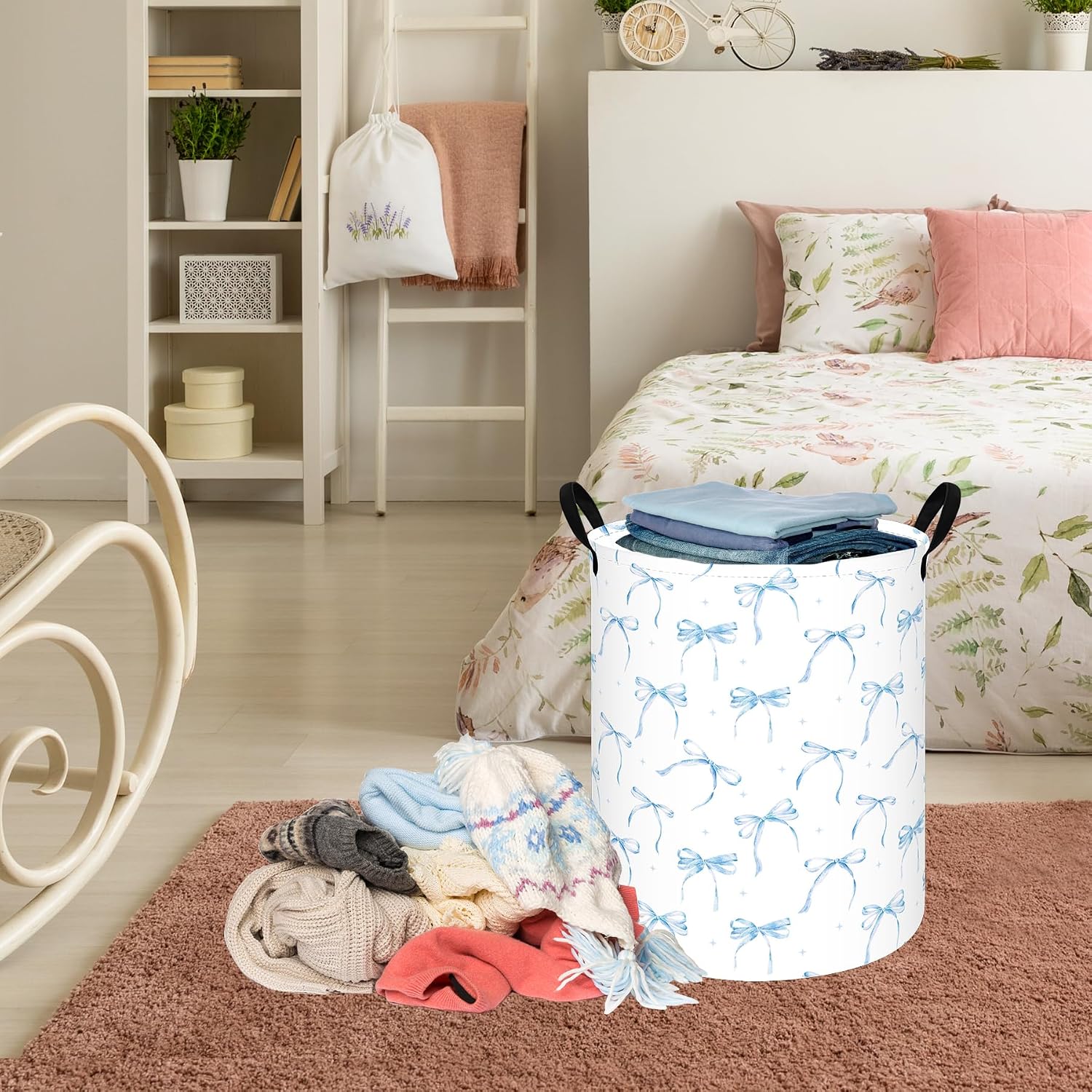 Blue Bow Laundry Hamper for Girls Room, Foldable Toy Storage Basket