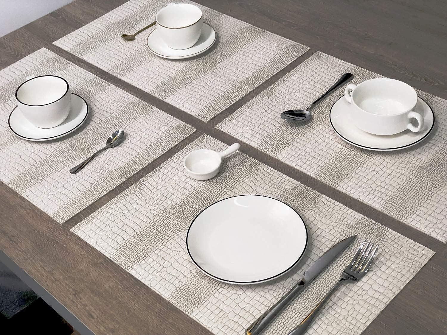 Waterproof PU Placemats, Faux Leather Hardboard Place Mats, Set of 4 Table Mats, Easy to Clean, Heat & Stain Resistant for Office Conference Table, Dining Home Decor, White