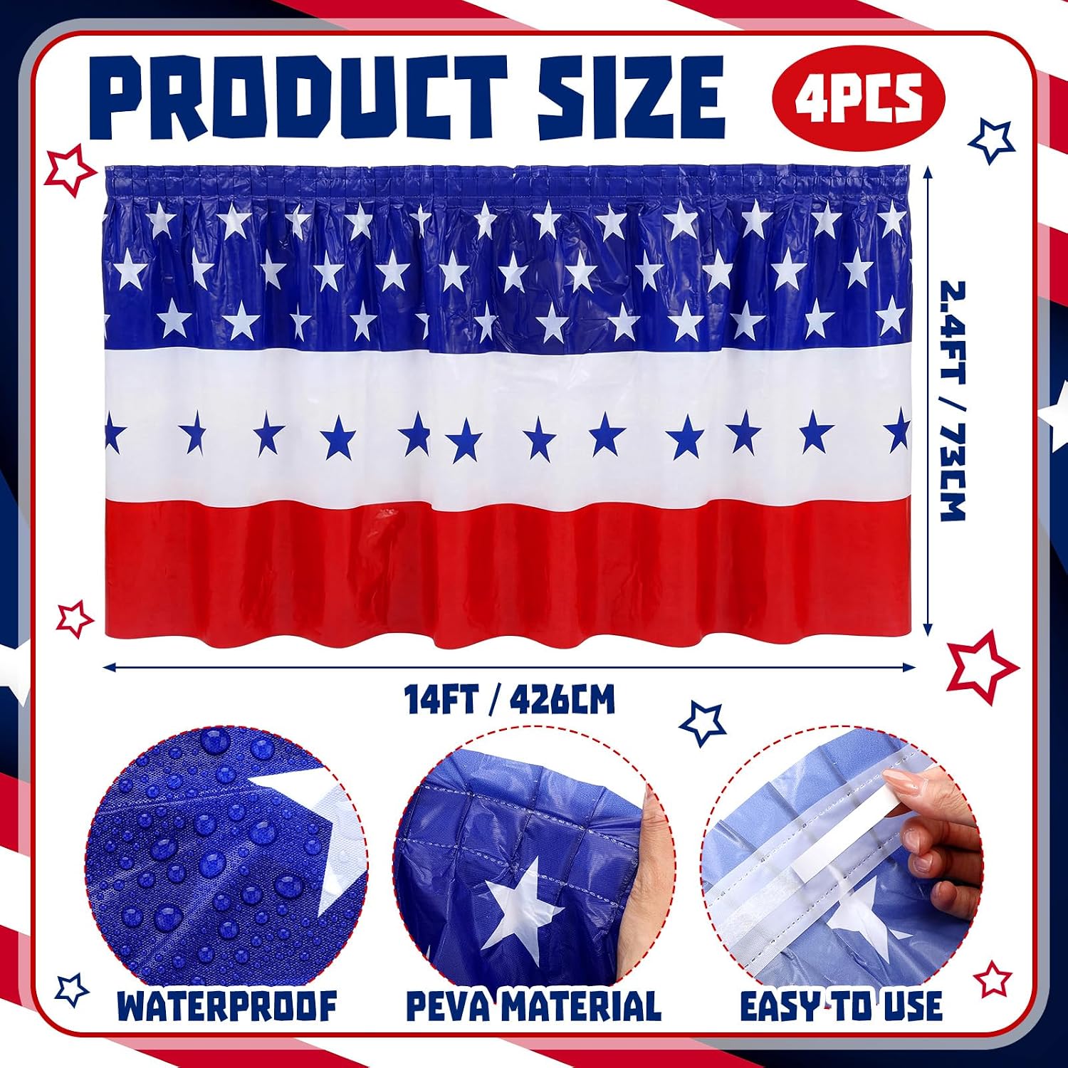 Fanfanwin 4 Pack Veterans Day Table Skirt 2.4 x 14 ft Blue White Red Decor image 2