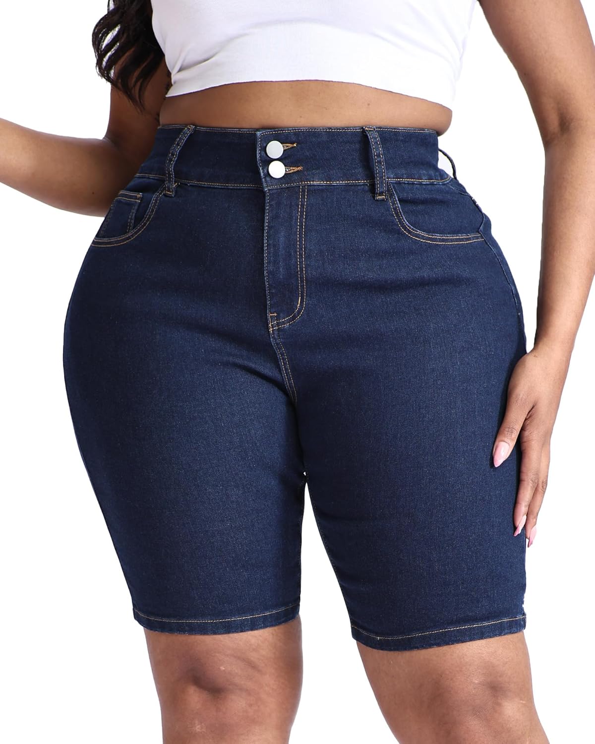 Gocolloa Women Plus Size Jean Shorts Stretchy High Waisted 10" Inseam Knee Length Denim Bermuda Shorts