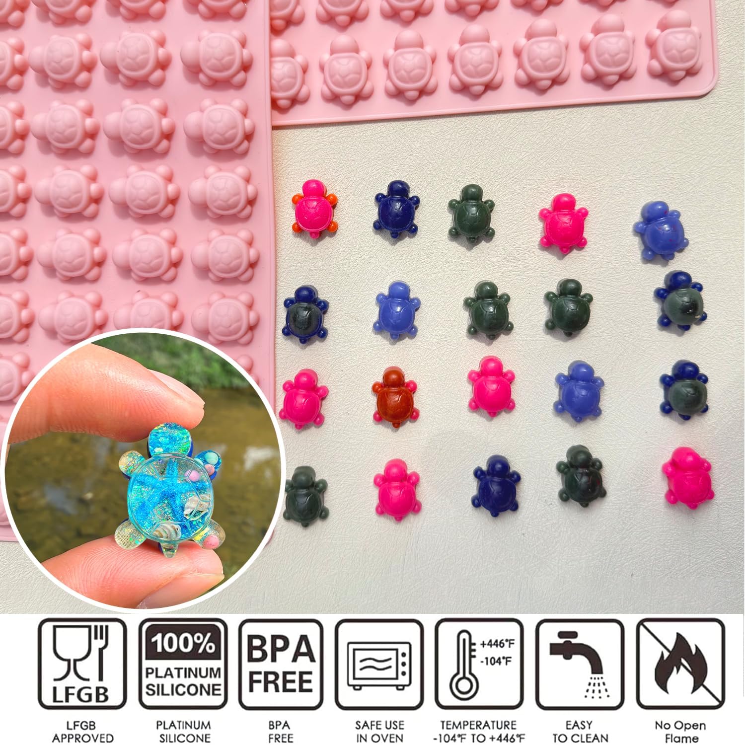 2 Pack Mini Turtle Silicone Mold for Chocolate, 72-Cavity Sea Turtle Chocolate Candy Molds Tortoise Ice Cube Sea Animal Gummy Jello Wax Resin Mold for DIY Baking Desserts Cake Decoration (Pink)