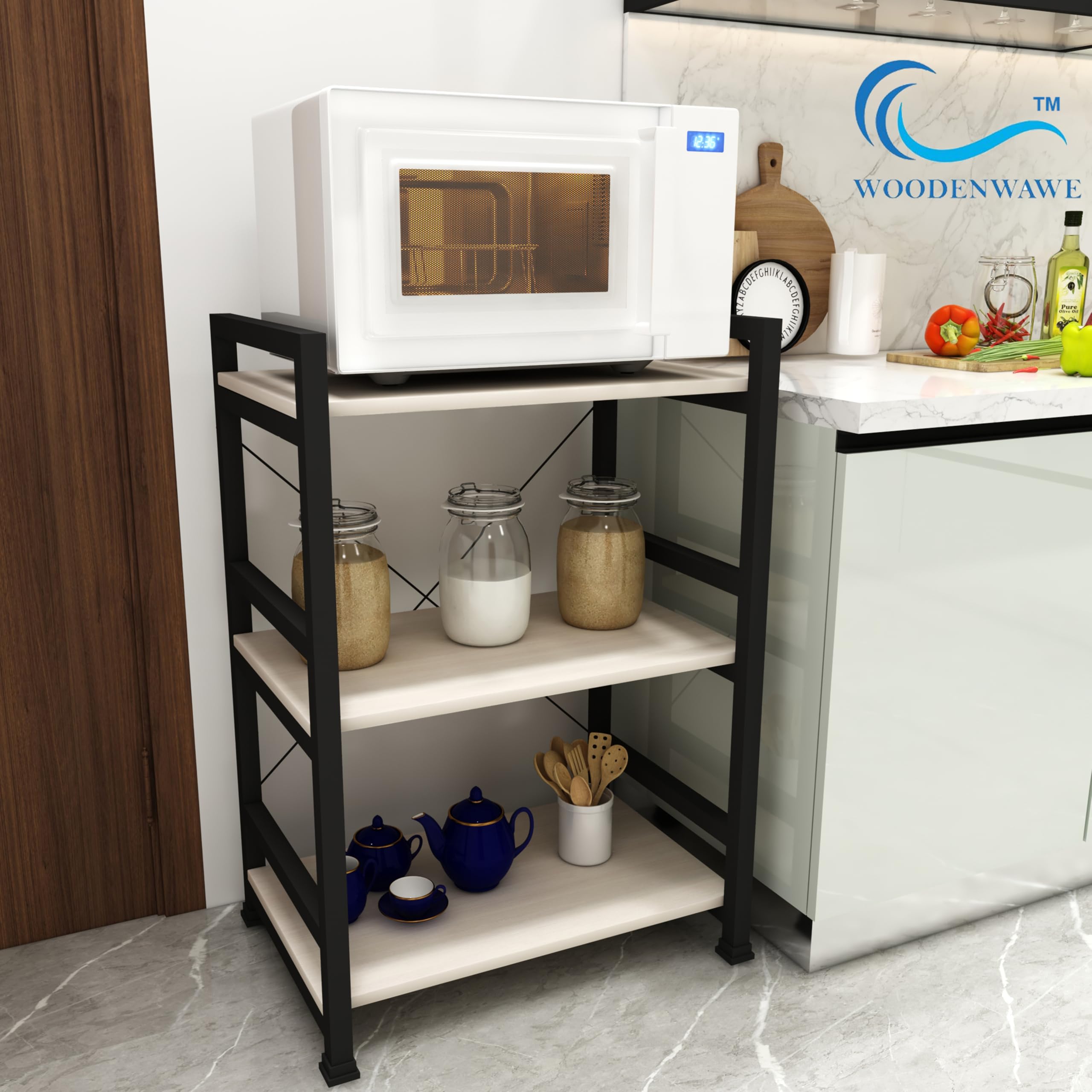 WODENWAWE Multipurpose Microwave Oven, OTG Stand, Kitchen Storage Shelf, Microwave Oven Platform Rack, Top Color-Brown, Size-60x39.5x90CM (WW-12B) (White)-image-22
