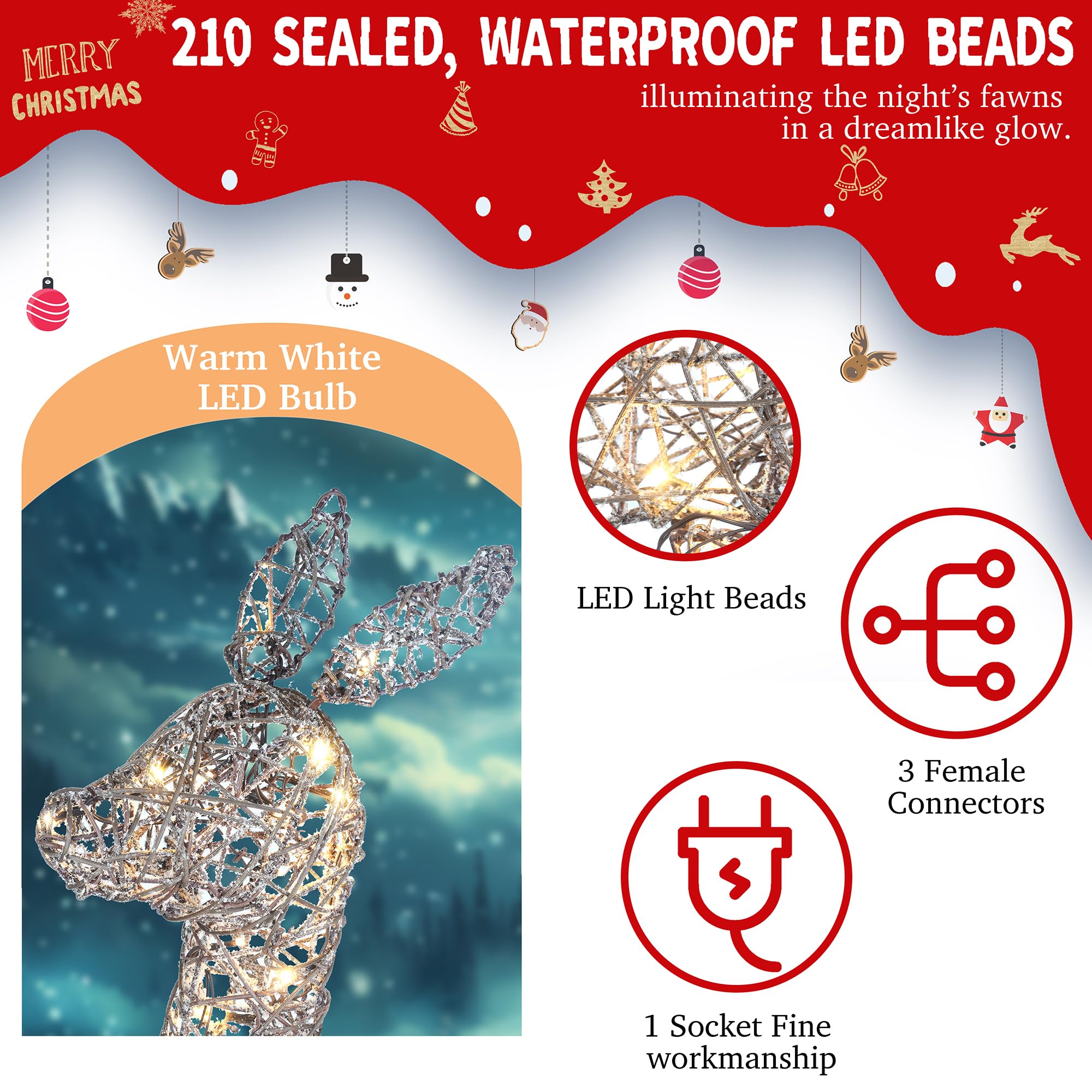 Decoraciones de ciervo de Navidad tejidas en 3D de 58 pulgadas, 3 piezas para exteriores, juego de renos con 210 LED blancos cálidos, gran exhibición de patio para jardín, escaparate