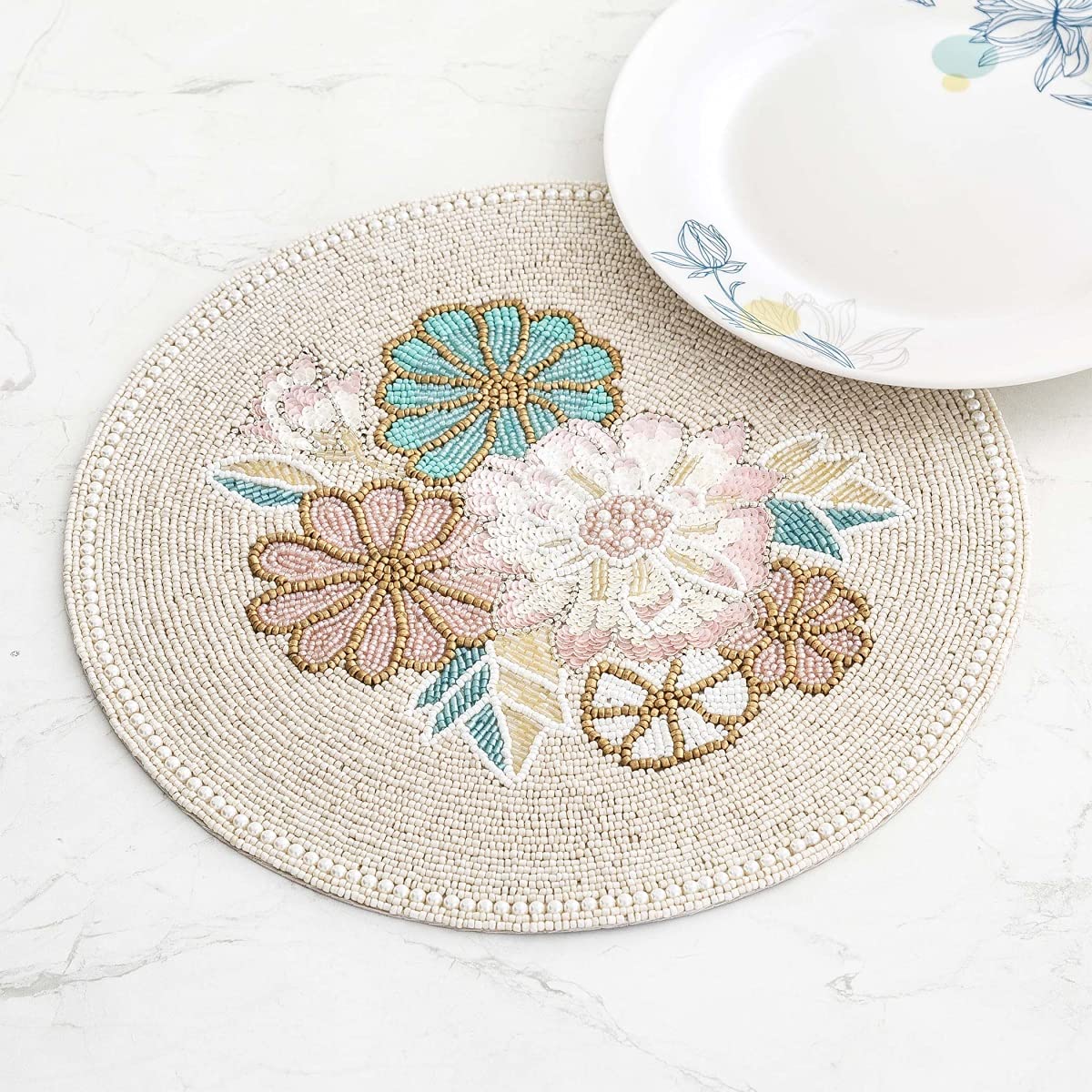 Home Centre Moksha Multicolour Beaded Glass Placemat- 35 cm, Standard (Moksha Floral-Teal-GOLD1)