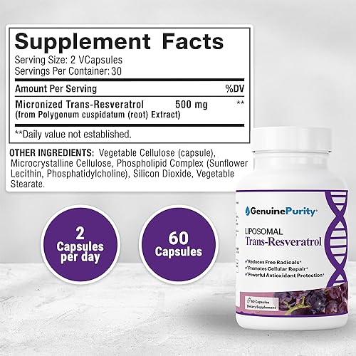 Miniatura 2 de Trans resveratrol liposomal 500 mg, 60 cápsulas veganas para apoyar la salud celular, la actividad antioxidante y el bienestar general - Suplemento