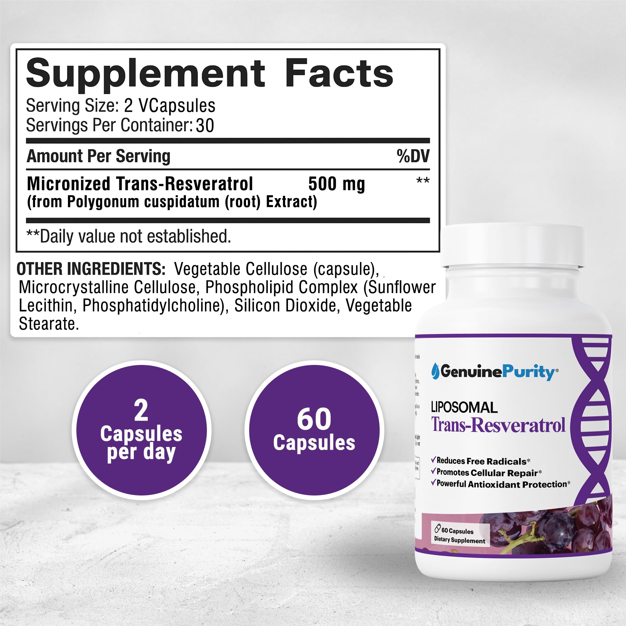 Liposomal Trans Resveratrol 500mg, 60 Vegan Capsules to Support Cellular Health, Antioxidant Activity & Overall Wellness - Non-GMO Trans Resveratrol Supplement for Daily Vitality — Amazon image 2