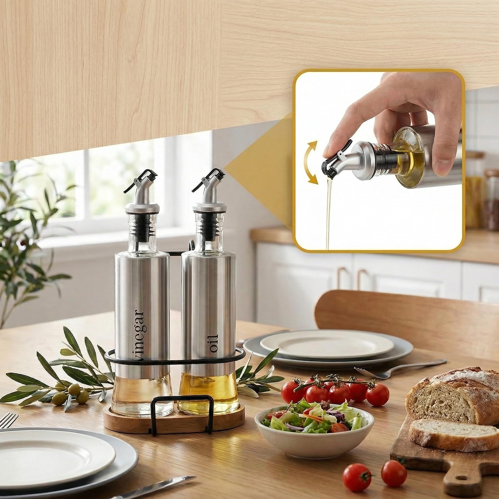 Tebery Olivenöl- und Essigflaschen-Set, 300 ml, mit Gestell und Holzboden, Glasspenderflaschen mit Ausgießern und Trichter für die Küche, 2 Stück