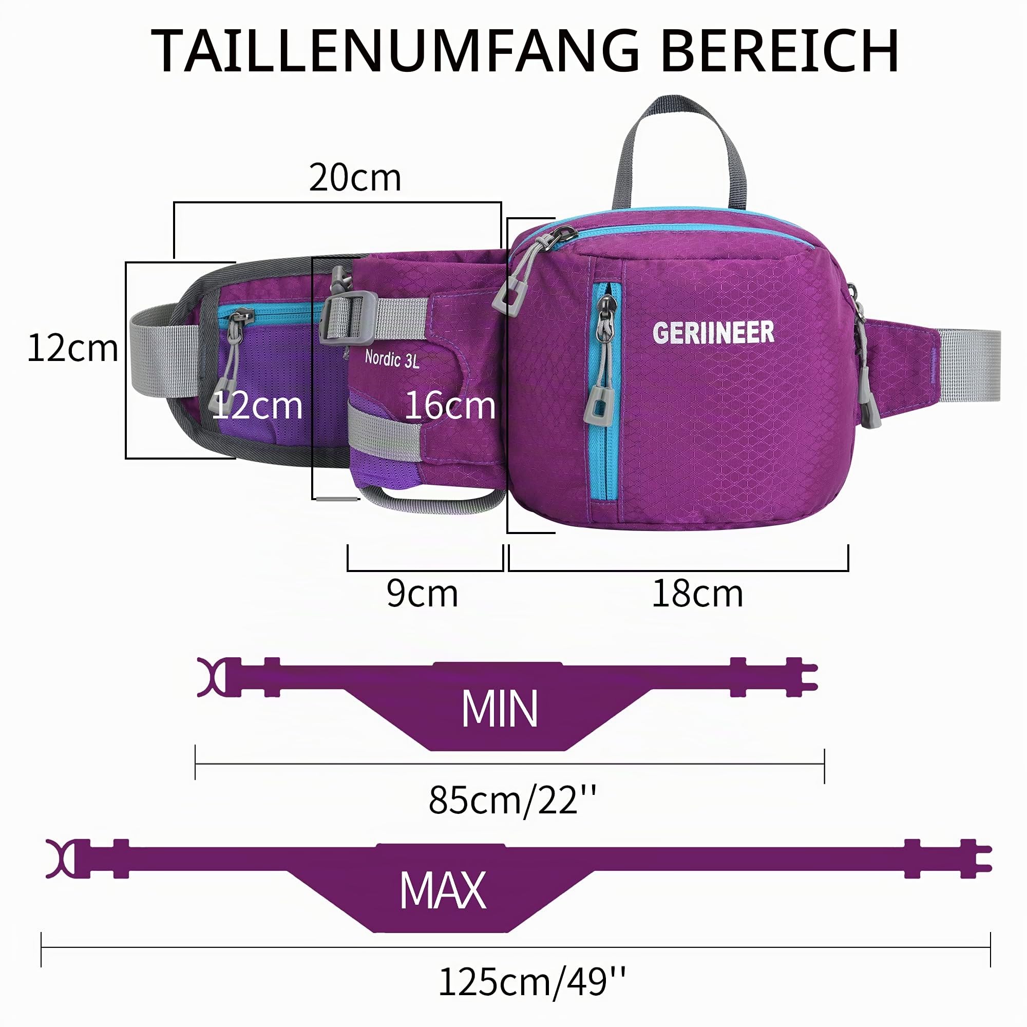 wasserdichte Bauchtasche Gürteltasche mit Flaschenhalter Damen und Herren, Bauchtasche Geeignet für Reise Sport Running und Alle Outdoor Aktivitäten, Hüfttasche Damen Herren Sport