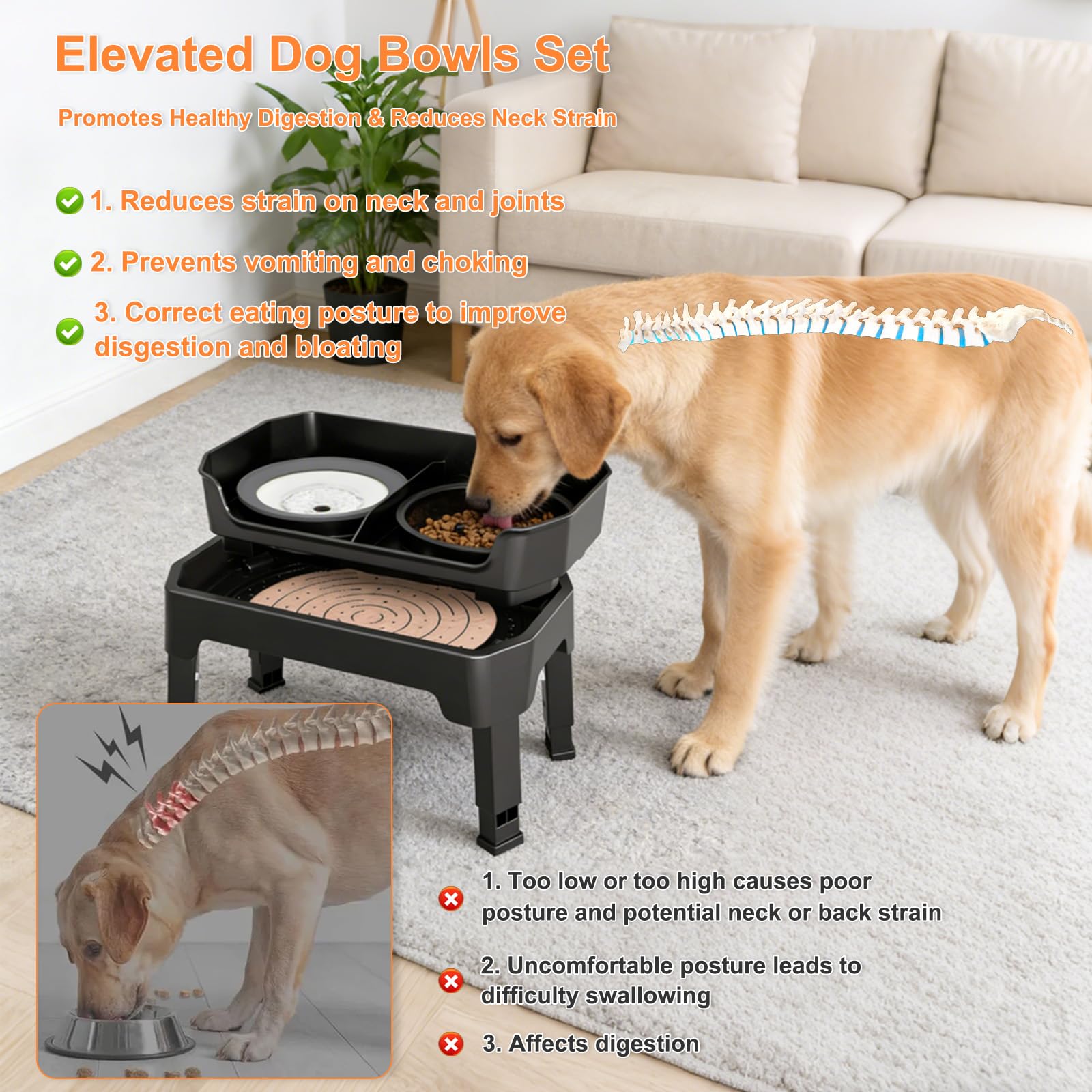 Gamelle surélevée pour chien avec support, gamelles surélevées réglables avec plaque à lécher et mangeoire lente pour animaux de compagnie pour chiens de petite, moyenne et grande taille