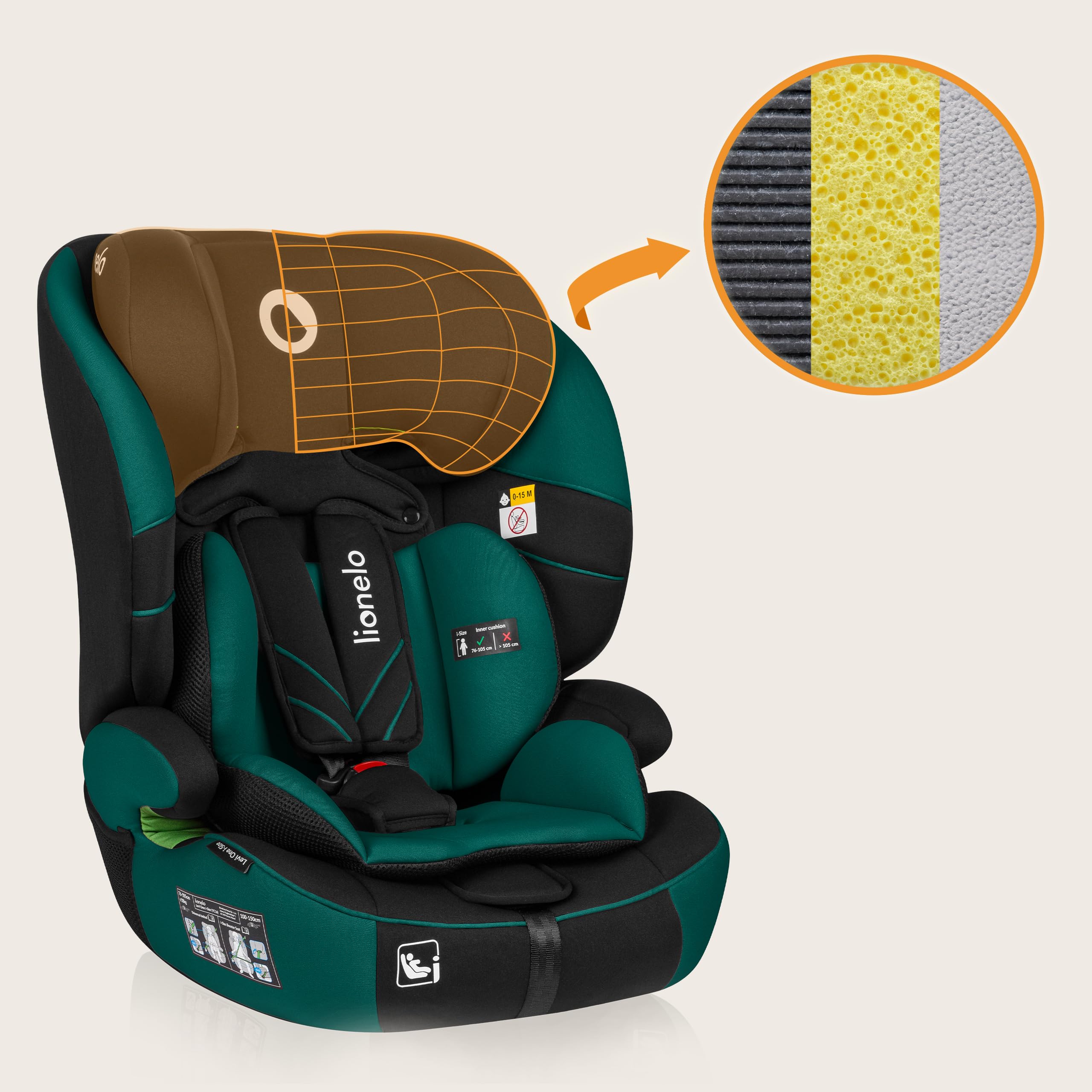 LIONELO LEVI ONE I-SIZE 76-150 cm Kinderautositz, Gruppe 1 2 3 | Seitenschutz, 10 Grad Kopfstützenverstellung Bequeme Armlehnen Verstellbare Rückenlehne, R129 i-Size