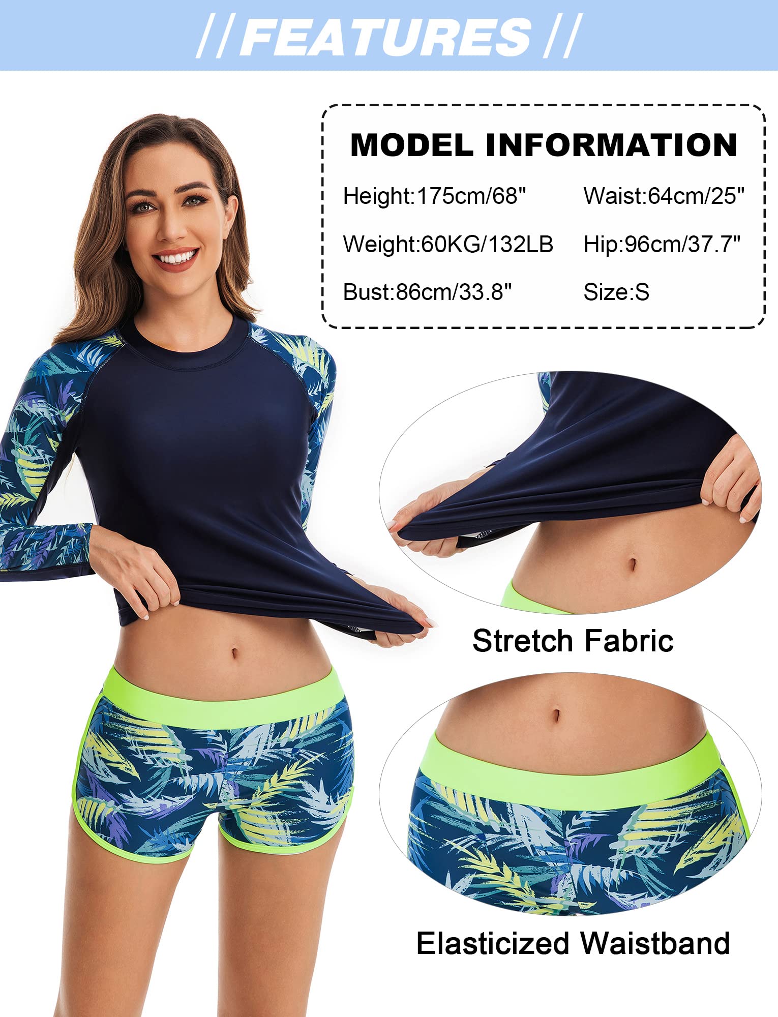 SEAUR Traje de baño floral de dos piezas para mujer, camisa de manga larga con cremallera completa, traje de surf con parte inferior corta