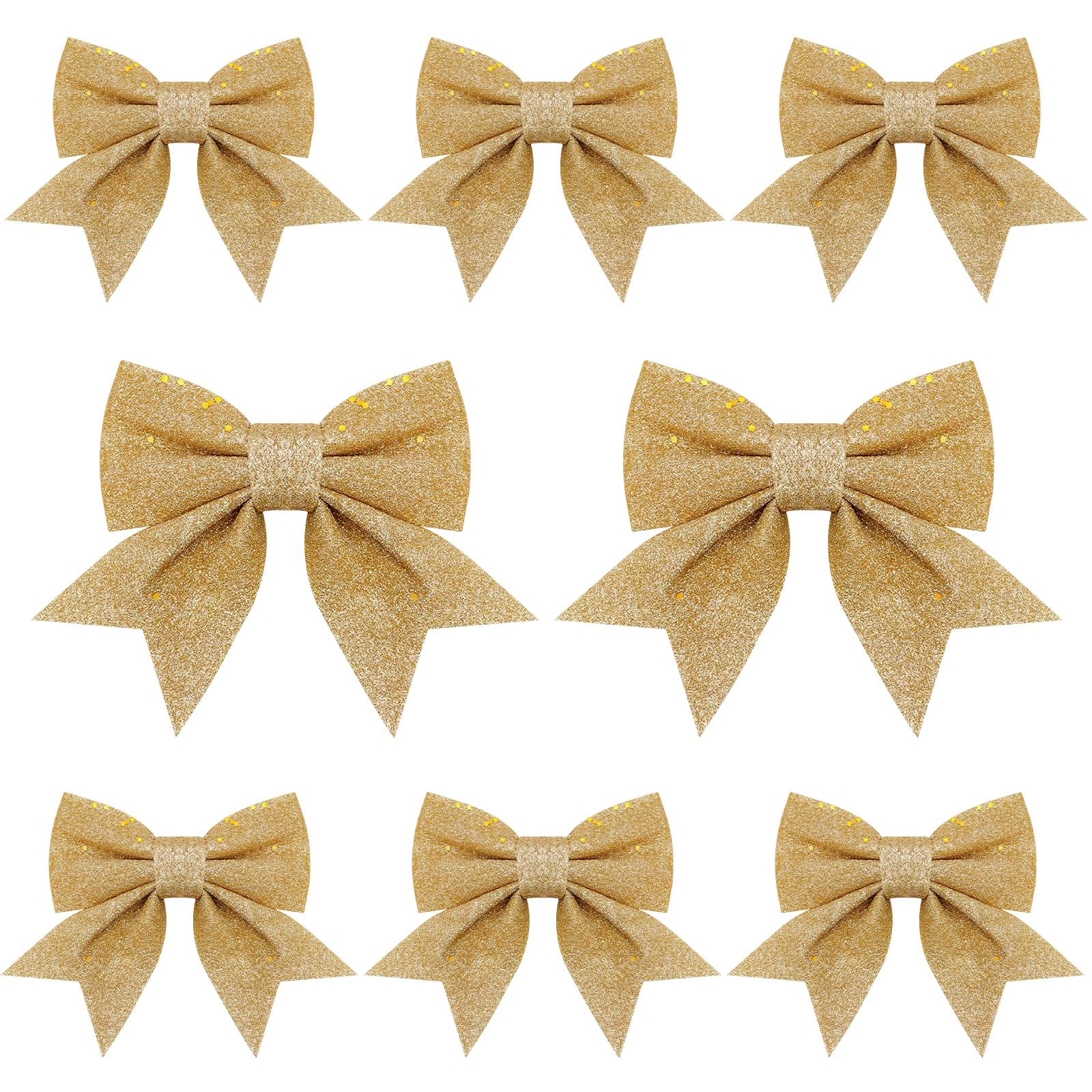 Qkeinv Gold 8Pcs Glitter Christmas Bows, Xmas Bow Decorations, Bows For Christmas Tree, Christma Sequin Bowknot Tree Ornaments For Xmas Trees Decorations Garland Gift Wrapping Crafting Ornament (Gold)
