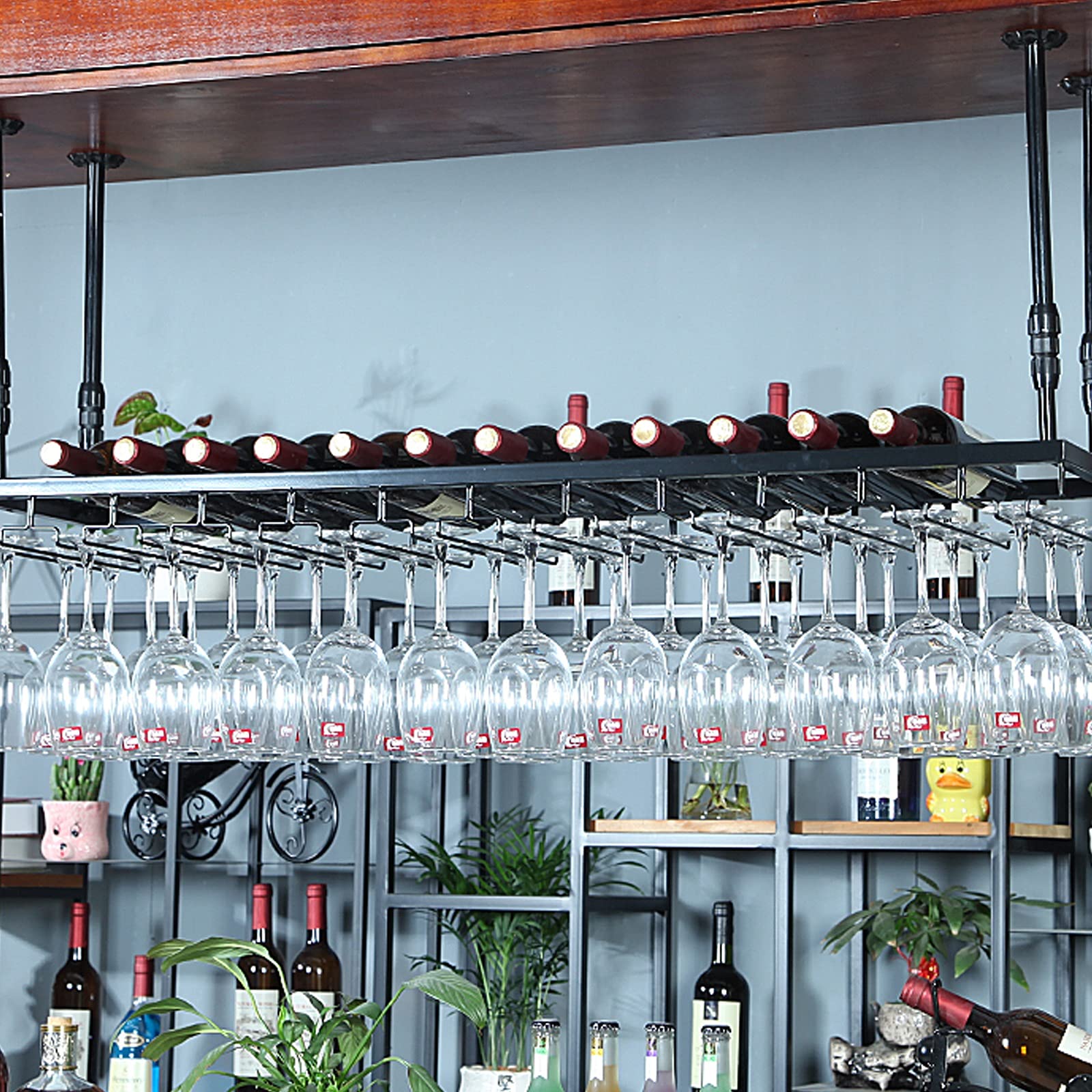 Casier à vin suspendu de style européen et porte-verre en métal noir pour cuisine