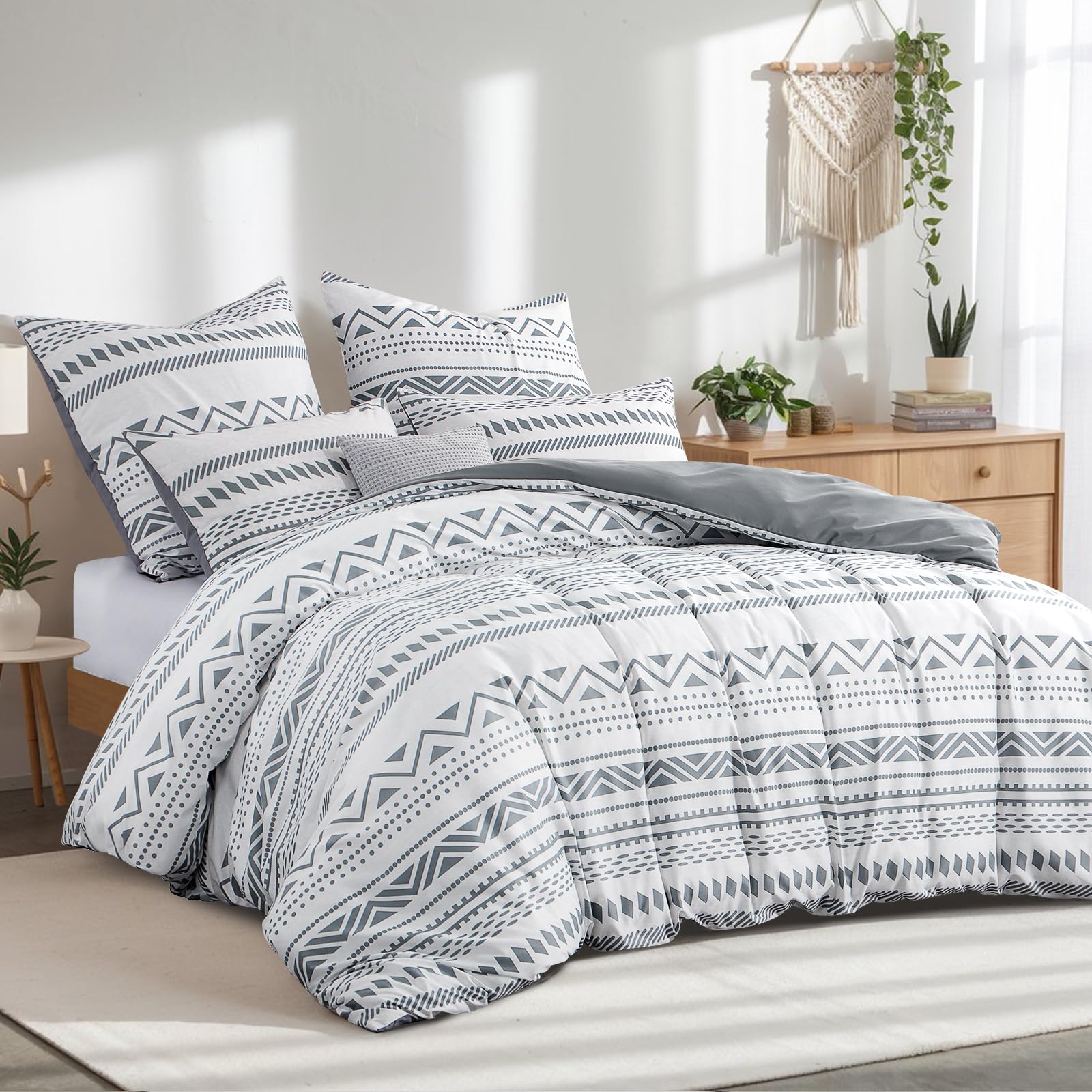Aisbo Super King Bedding Duvet Cover Sets, 3 Pieces Boho Bedding Set White and Grey - Image 2