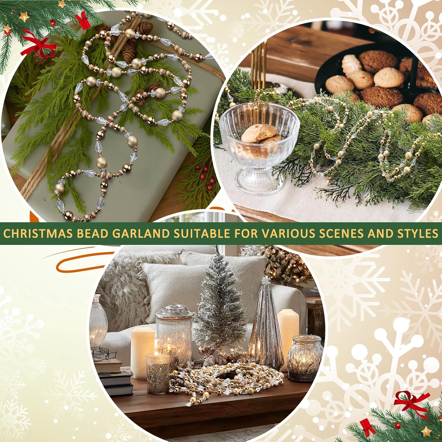 Highergo 16ft Gold Christmas Tree Bead Jewl Garland Ornaments