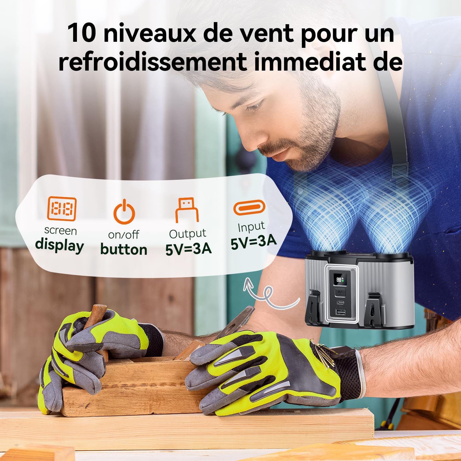 Doublepow 24000mAh Ventilateur Portable Ceinture, Ventilateur Clip Rechargeable 10 Vitesses 45H, Double Moteur Conduit d'air, Cooling Cou et Taille, pour Travail Extérieur, Voyages, Chargeur Téléphone