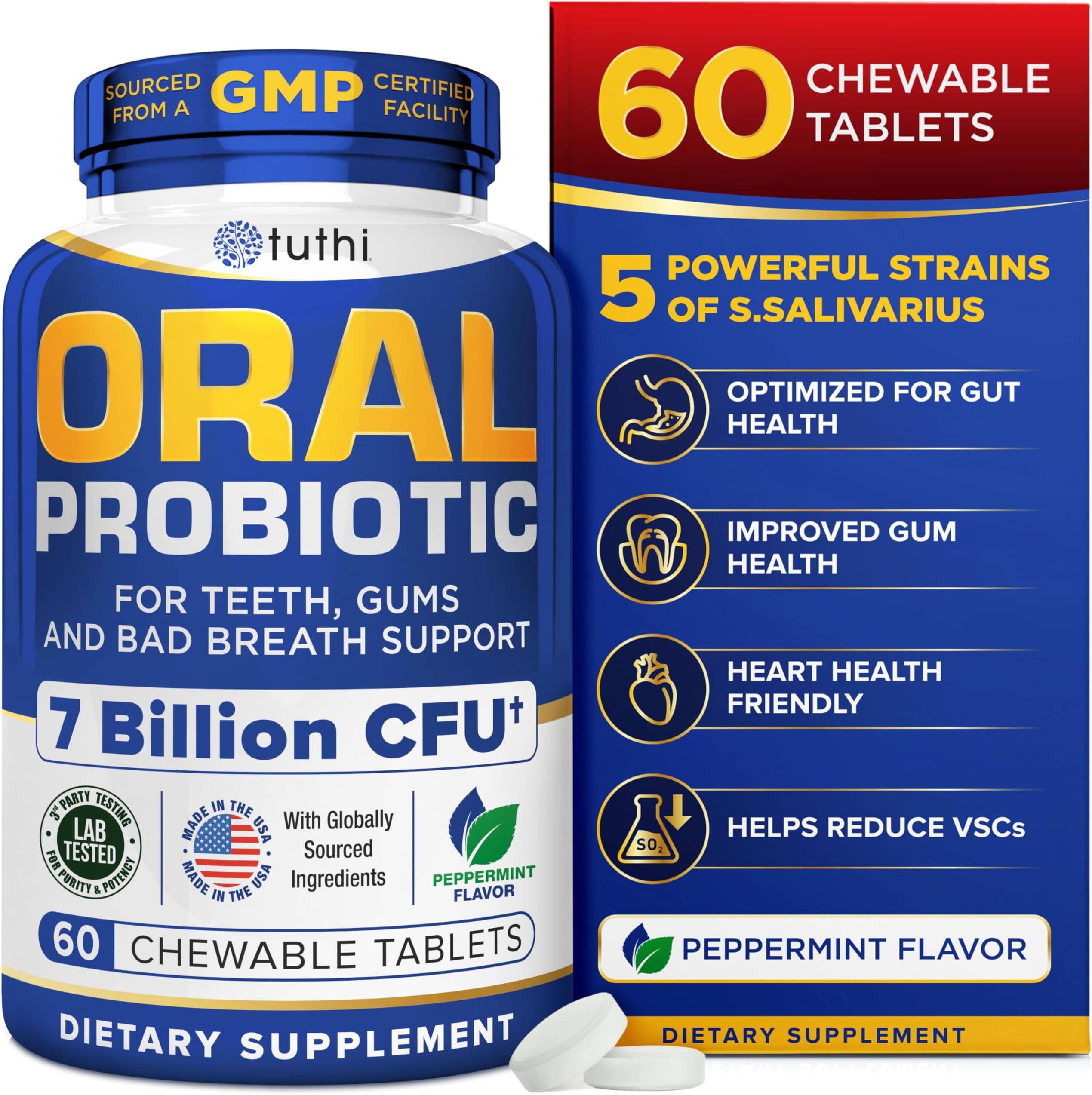 Tuthi Oral Probiotics for Mouth Bad Breath Treatment for Adults - Dental Probiotics for Teeth and Gums - Oral Health Probiotics - 60 Lozenges Peppermint Flavor