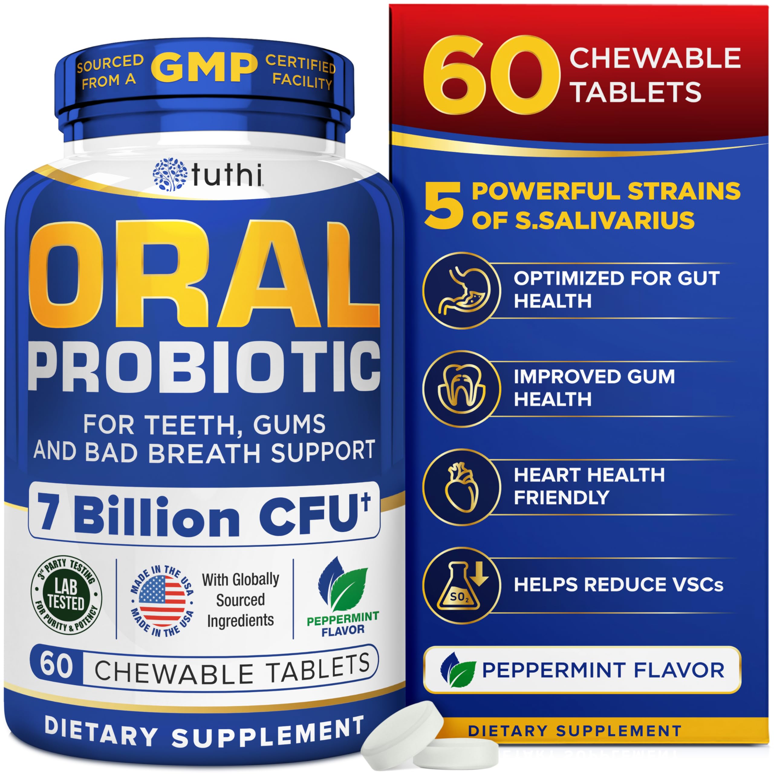 Tuthi Oral Probiotics for Mouth Bad Breath Treatment for Adults - Dental Probiotics for Teeth and Gums - Oral Health Probiotics - 60 Lozenges Peppermint Flavor