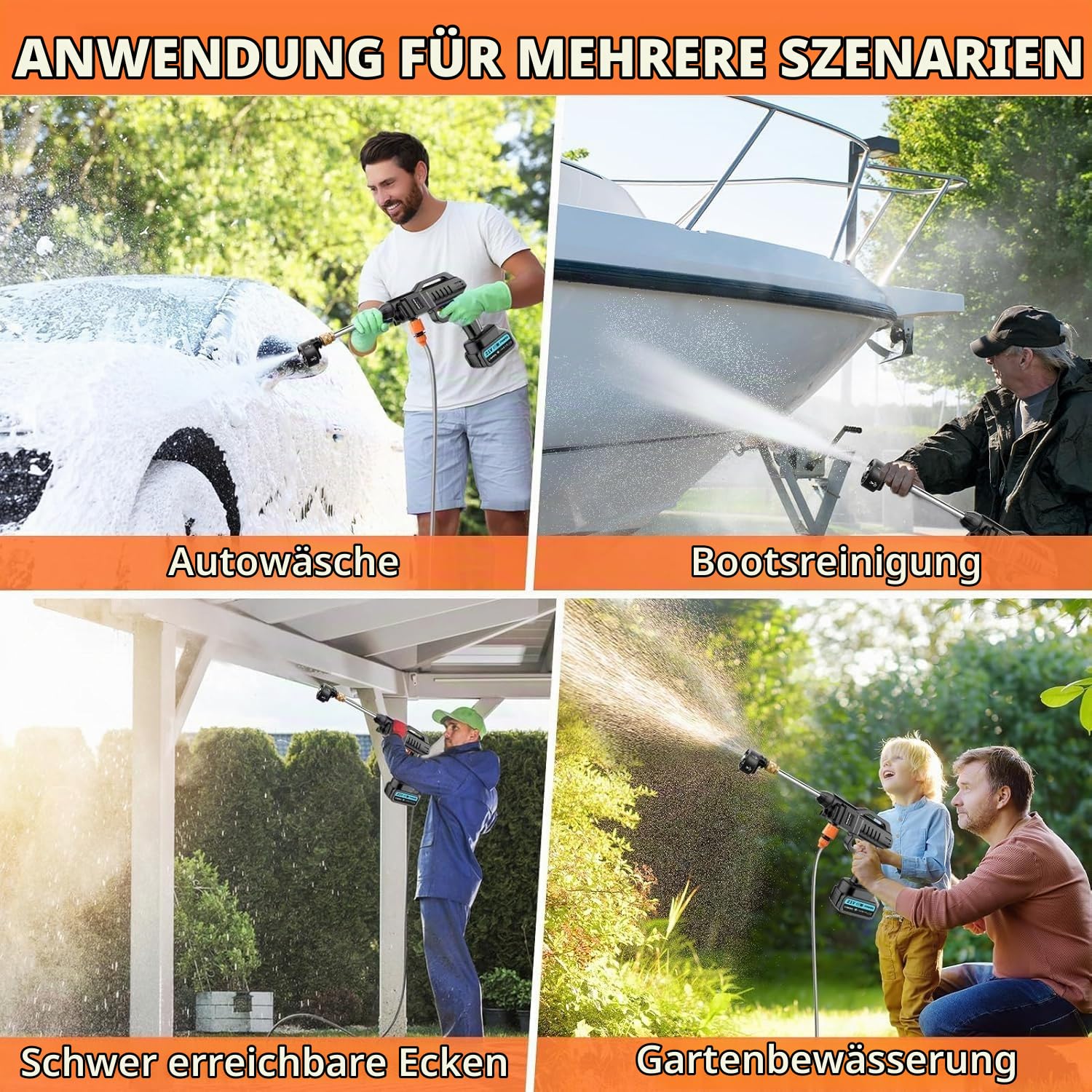 Akku Hochdruckreiniger 100 Bar 270 L/H | Auto Tragbarer Pistole mit 2 x 3000mAh Akku | Waschpistole Mobiler 6 in 1 Verstellbare Düse 5 M Schlauch für Terrasse Auto