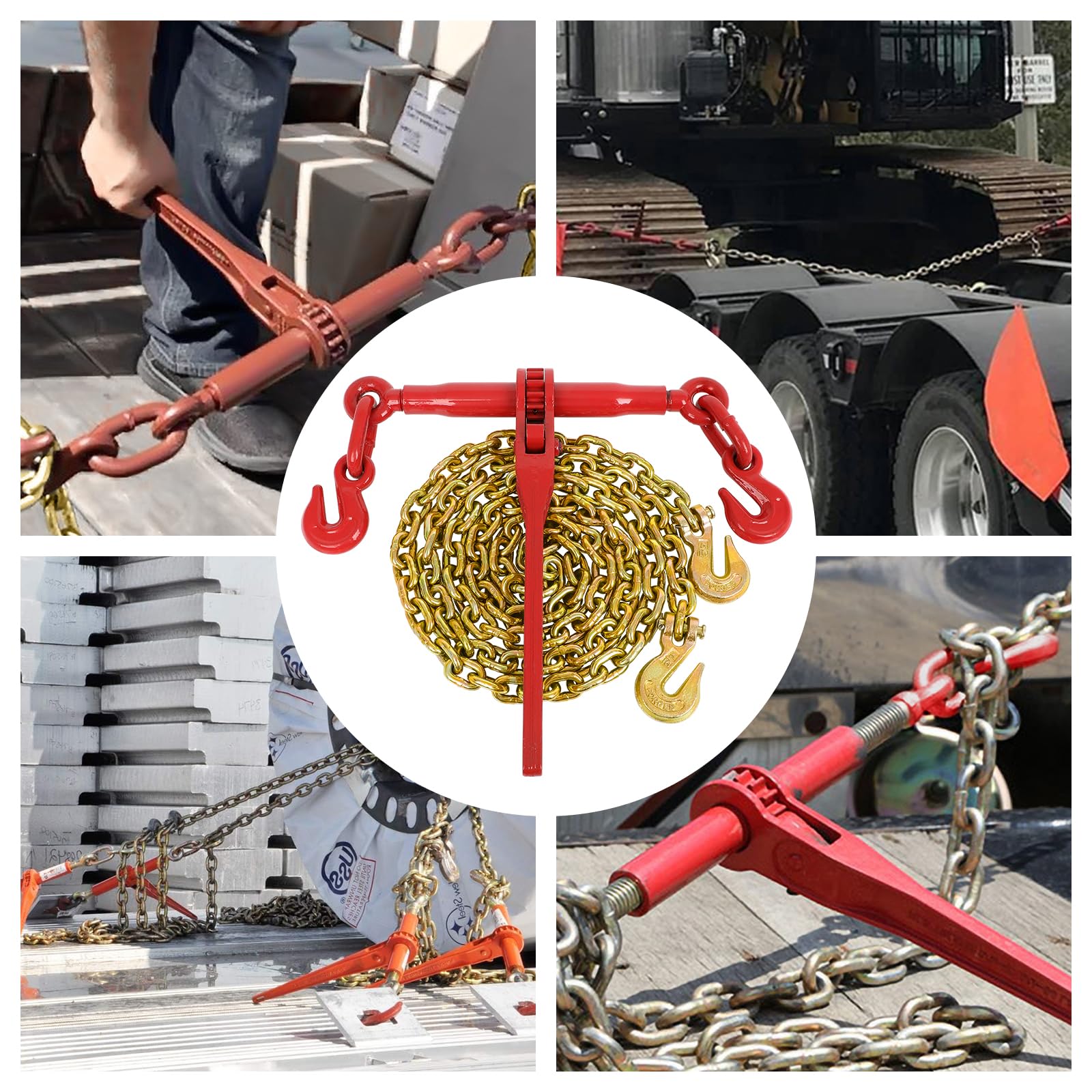 GCCSJ 5/16 "-3/8" Ratschenkettenbinder mit 1769 kg, 5/16 Zoll x 30 m Binderkette, mit Greifhaken, zum Festbinden schwerer Lasten an einem LKW oder Flachbettanhänger