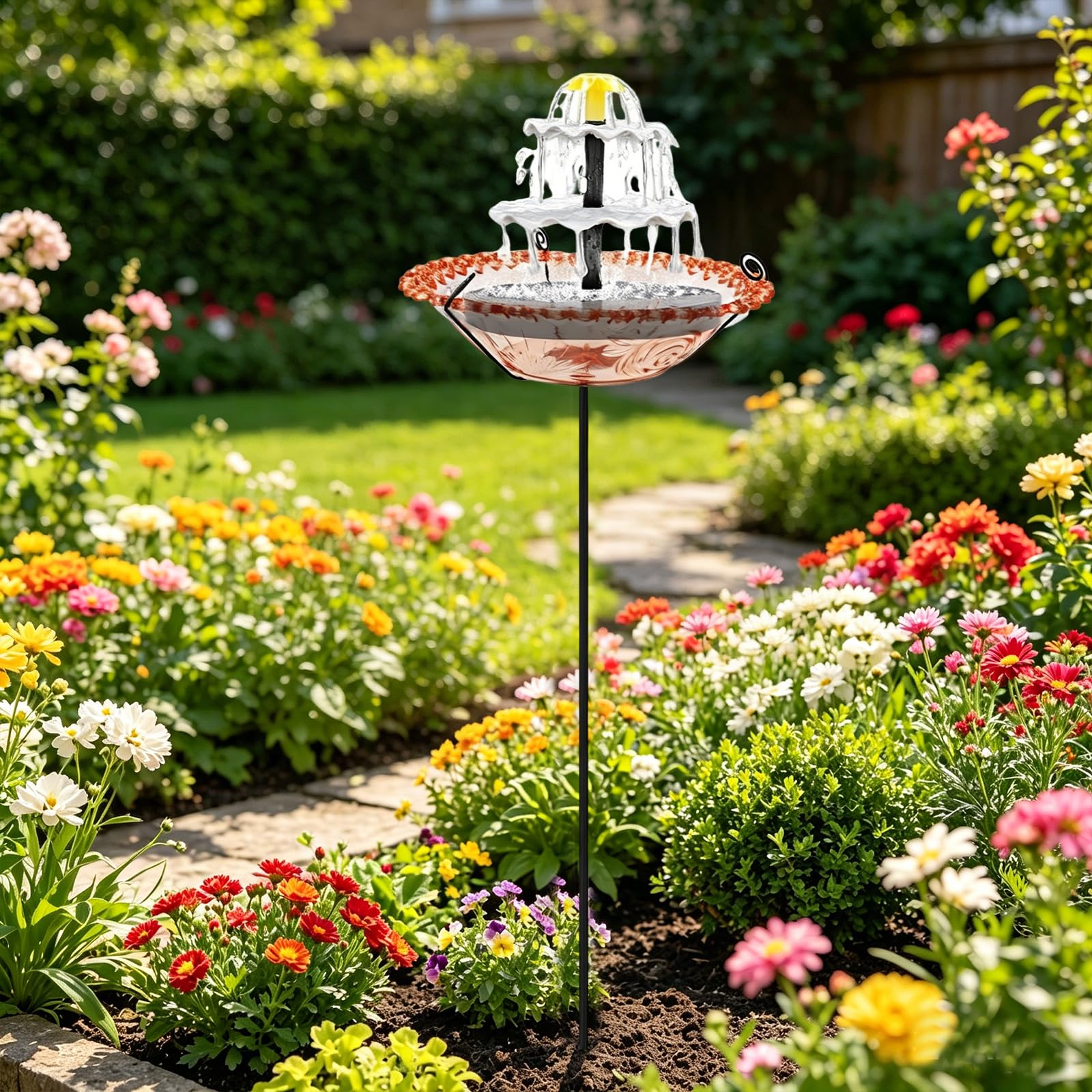 Solar Bird Bath Fountain for Outside, Solar Fountain for Bird Bath with 5 Prongs Metal Stake Stand, Outdoor Water Fountains, Cascading Standing Birdbaths for Garden, Yard, Patio & Lawn Decor