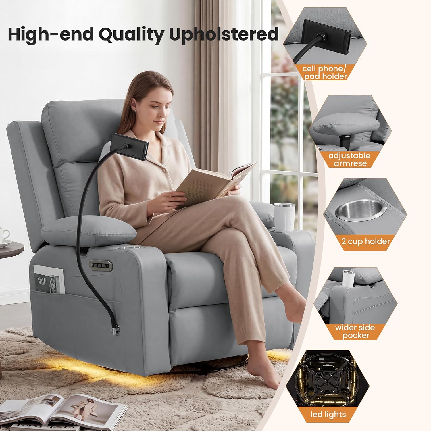 Power Rocking Chair Nursery with Adjustable Armrests and Headrest, Swivel Rocker Recliner with Electric Lumbar Support, Glider Recliners for Breastfeeding, Nursing Chair with USB, Cup Holder, Gray