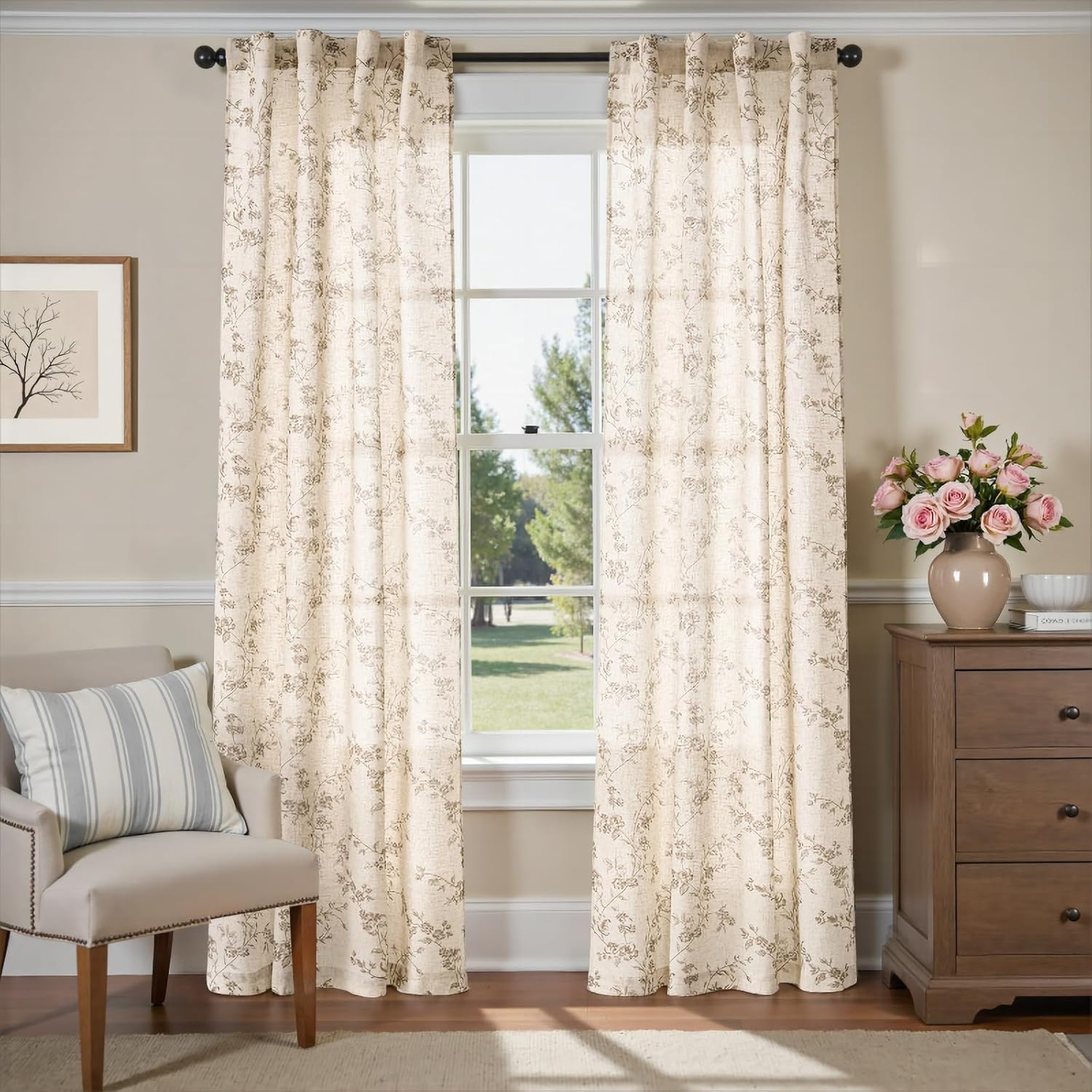 Lazzzy Floral Linen Curtains Farmhouse Extra Long Curtain for Living Room Bedroom Light Filtering Vintage Rod Pocket Back Tab Drapes for Home, 2 Panels, Taupe on Beige, W38 X L108