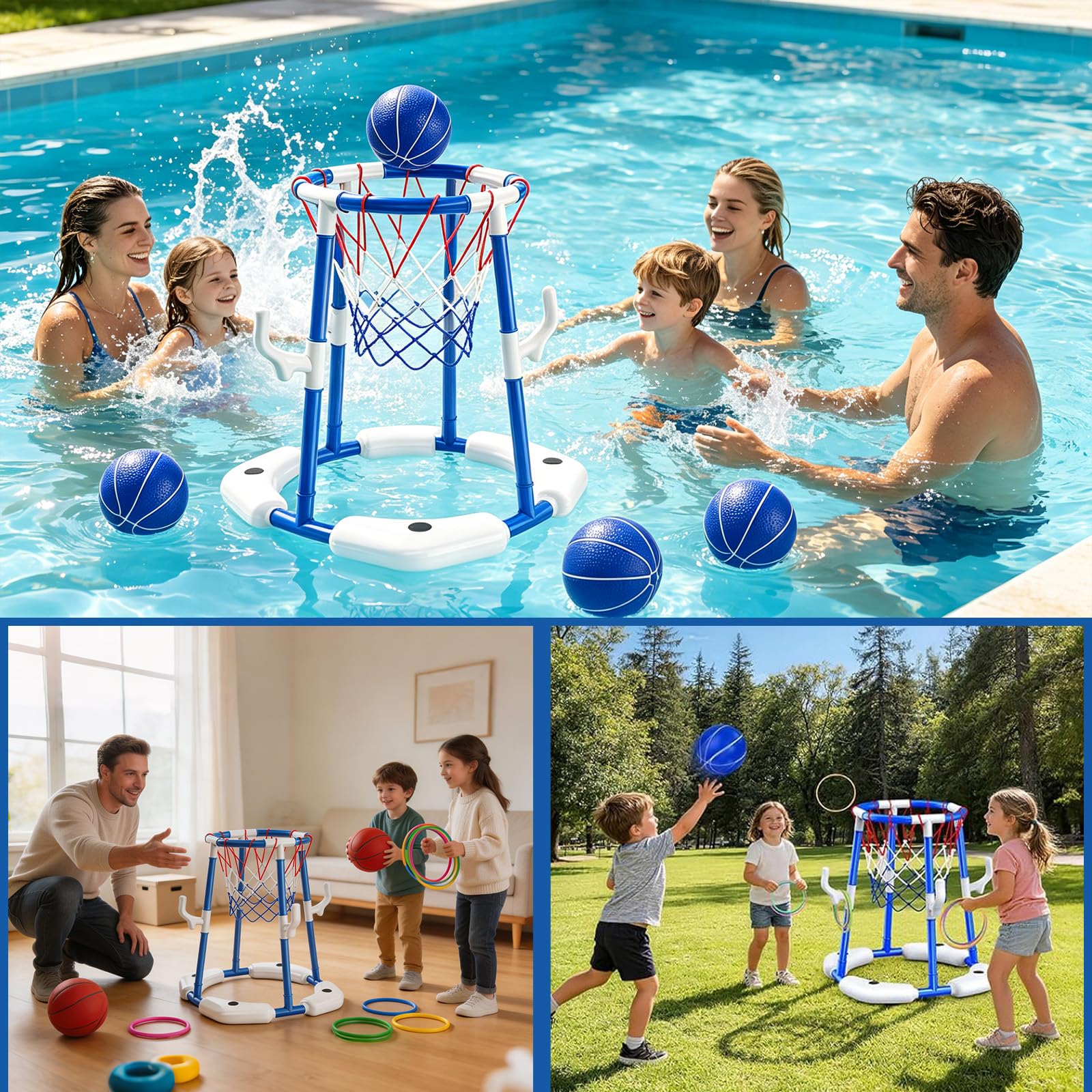 Pool Basketballkorb für Kinder, 2-in-1 Schwimmendes & Oberirdisches Wasserspiel mit 4 Bällen, 12 Ringen & Pumpe, Blau