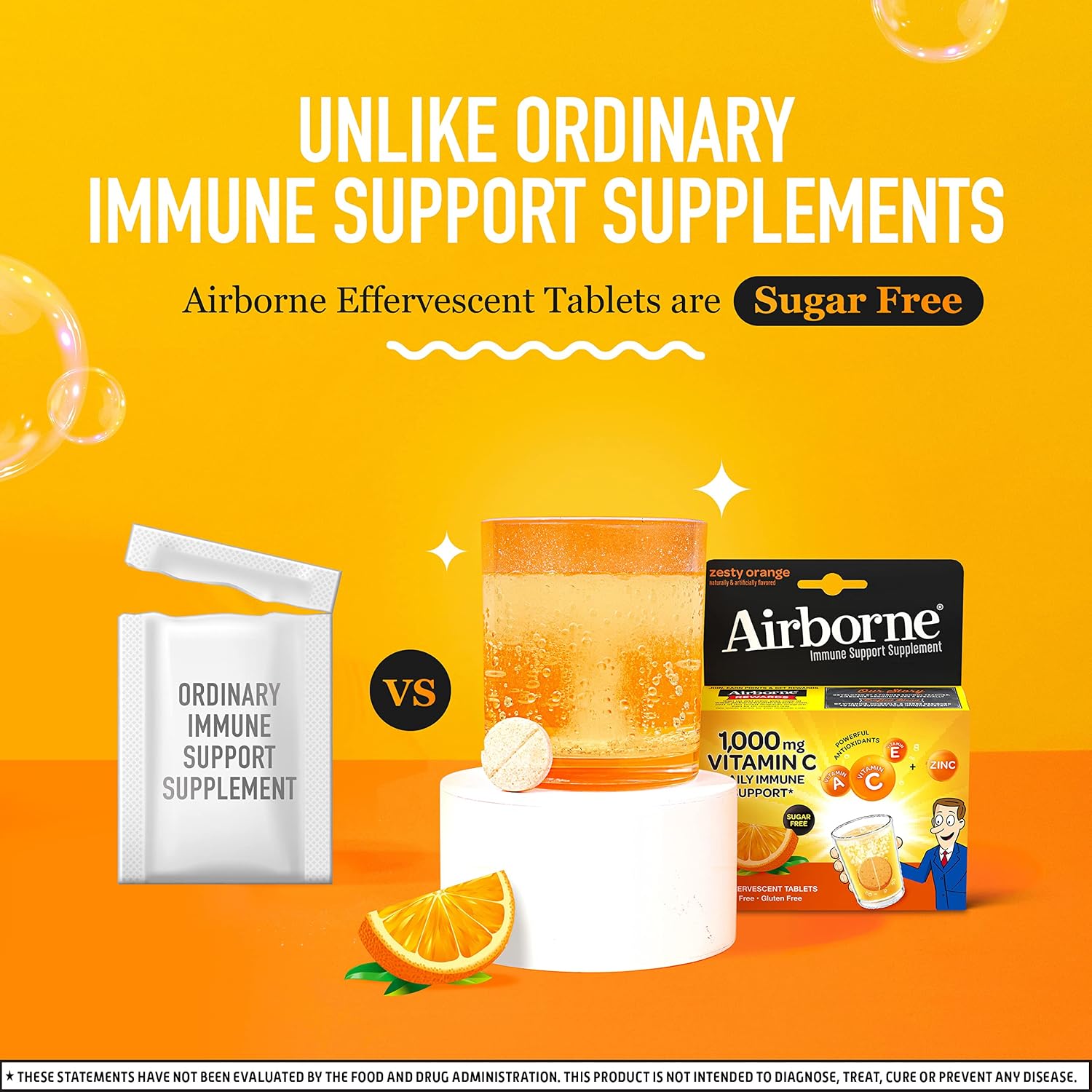 Airborne 1000mg Vitamin C With Zinc Effervescent Tablets, Immune Support Supplement With Powerful Antioxidants Vitamins A C & E - 20 Fizzy Drink Tablets, Zesty Orange Flavor