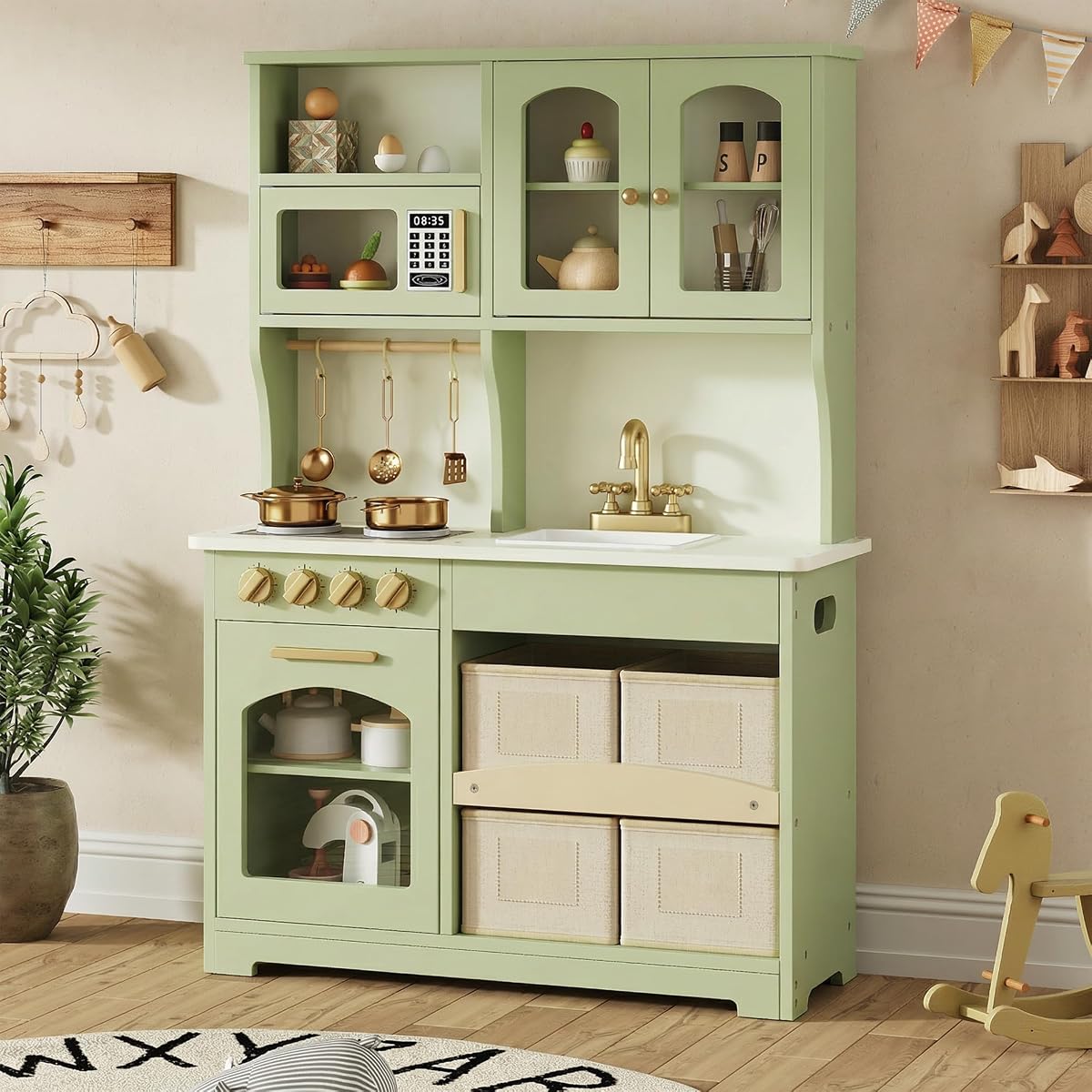 knoworld Play Kitchen para niños, juego de cocina de juguete de madera con almacenamiento inteligente y accesorios, juego de cocina para niños con estufa y horno, juego de simulación, regalo para mayores de 3 años, verde