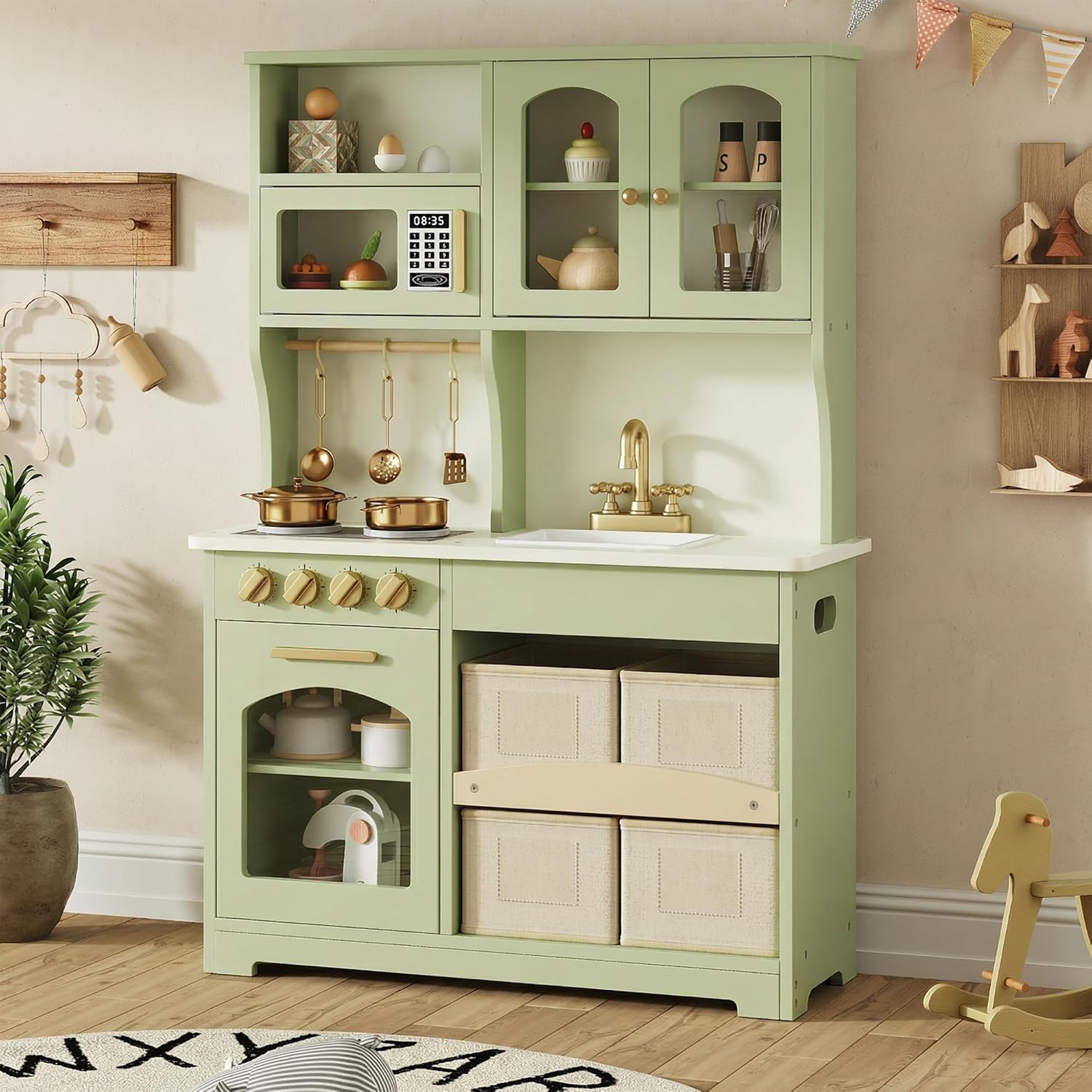 knoworld Play Kitchen for Kids, Wooden Toy Kitchen Set with Smart Storage & Accessories, Toddler Kitchen Playset with Stove & Oven, Pretend Play Set, Gift for Ages 3+, Green