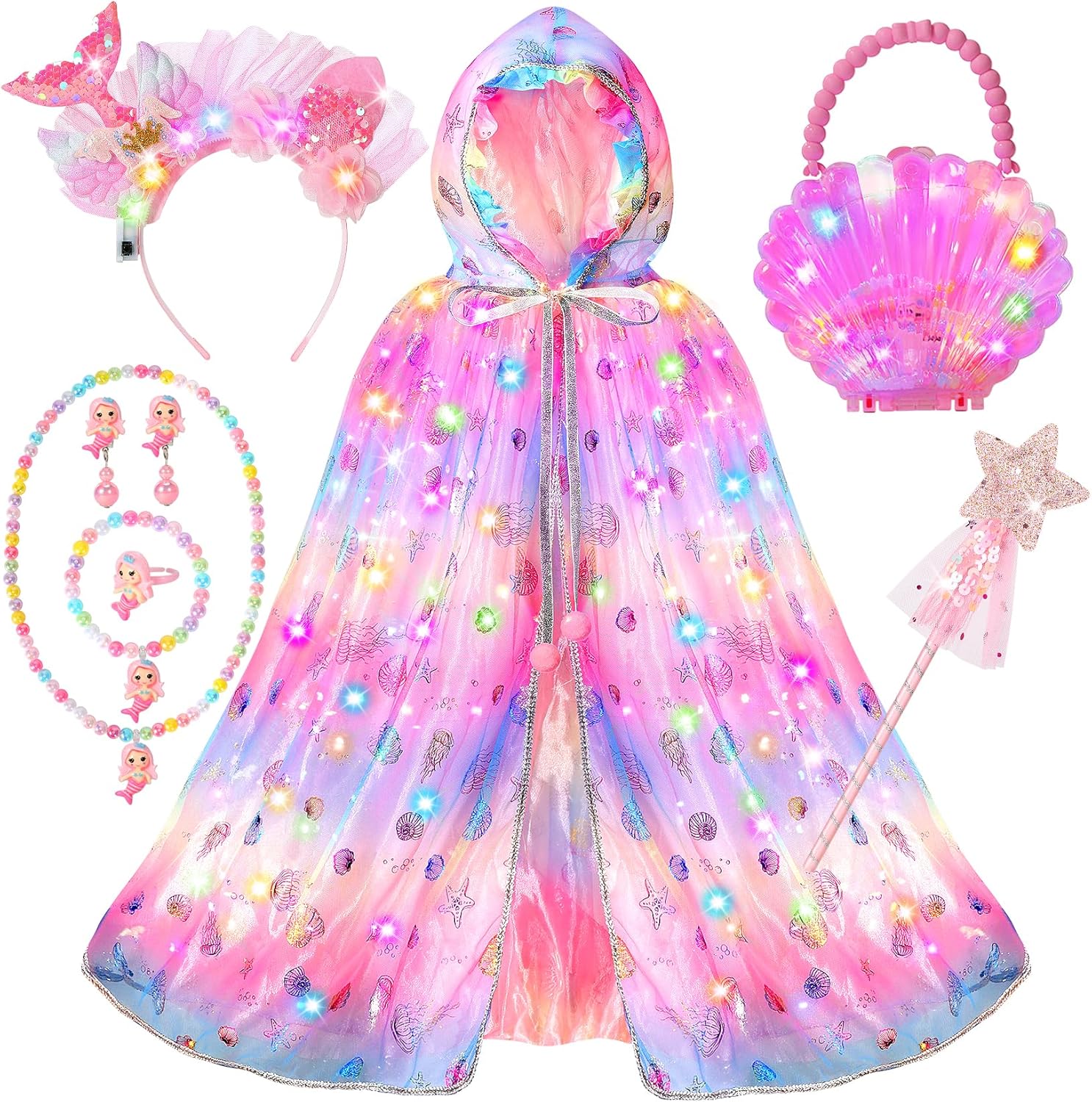 Fedio Mermaid Toys Princess Dress up for Girls,Mermaid Light Up Princess Cape Set,Toddler Dress up Toys Christmas Birthday Halloween Gifts for 3-8 Years Old