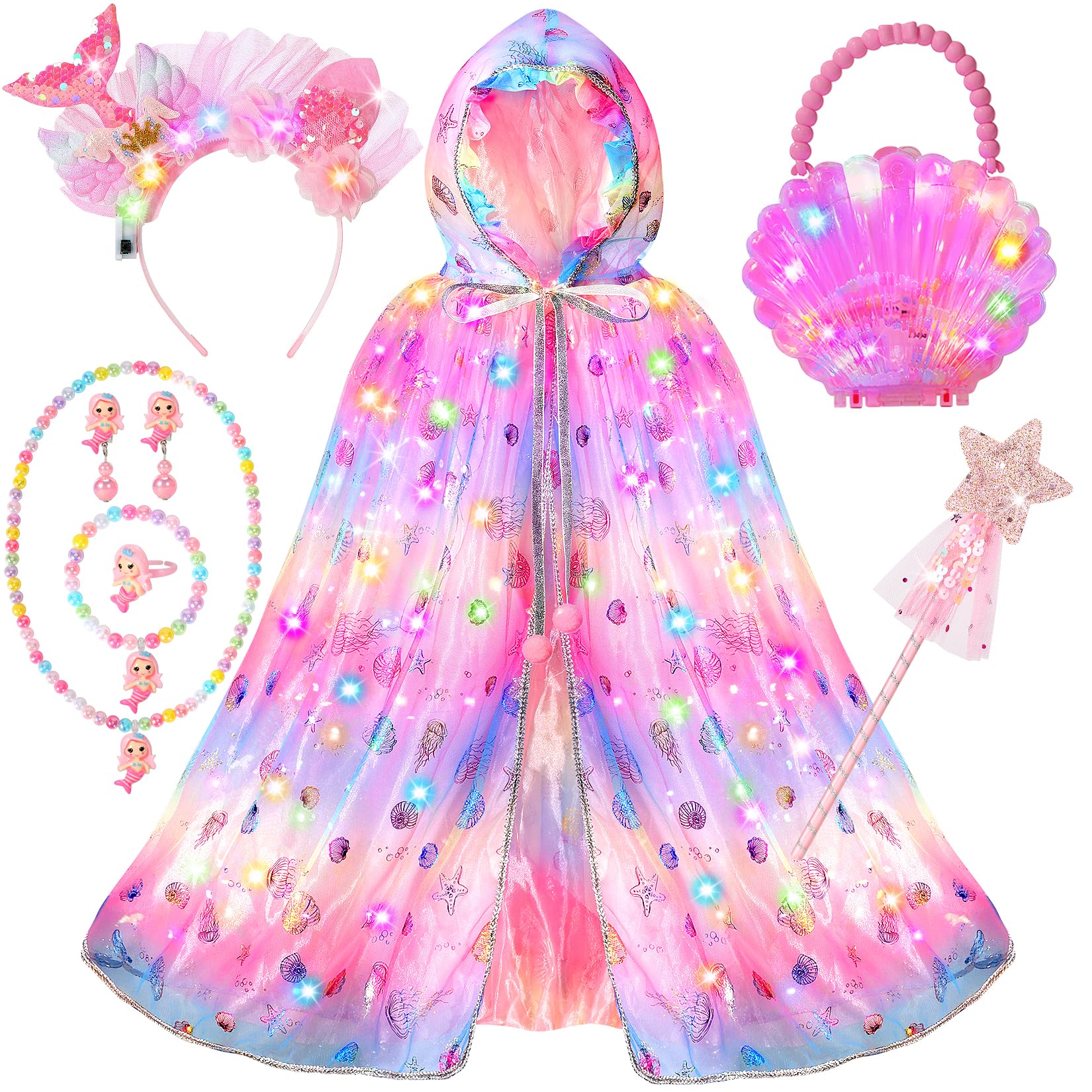 Fedio Mermaid Toys Princess Dress up for Girls,Mermaid Light Up Princess Cape Set,Toddler Dress up Toys Christmas Birthday Halloween Gifts for 3-8 Years Old
