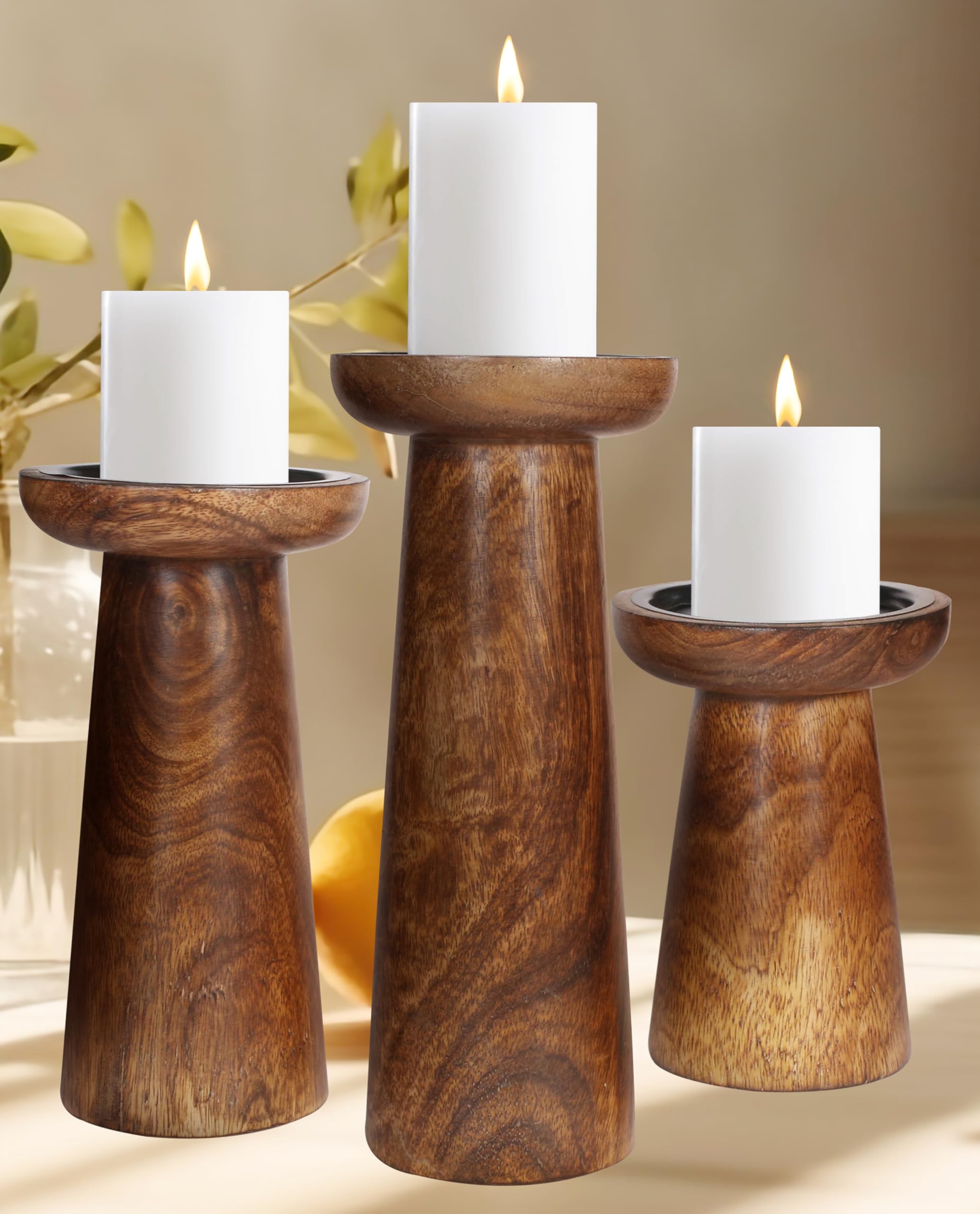 Hand Crafted Wooden Pillar Candle Holders Set of 3, Ideal for LED and Pillar Candles, Gifts for Wedding, Christmas, Party, Home, Spa, Reiki, Aromatherapy, Votive Candle Gardens - 10, 8, 6 Inch - Burnt