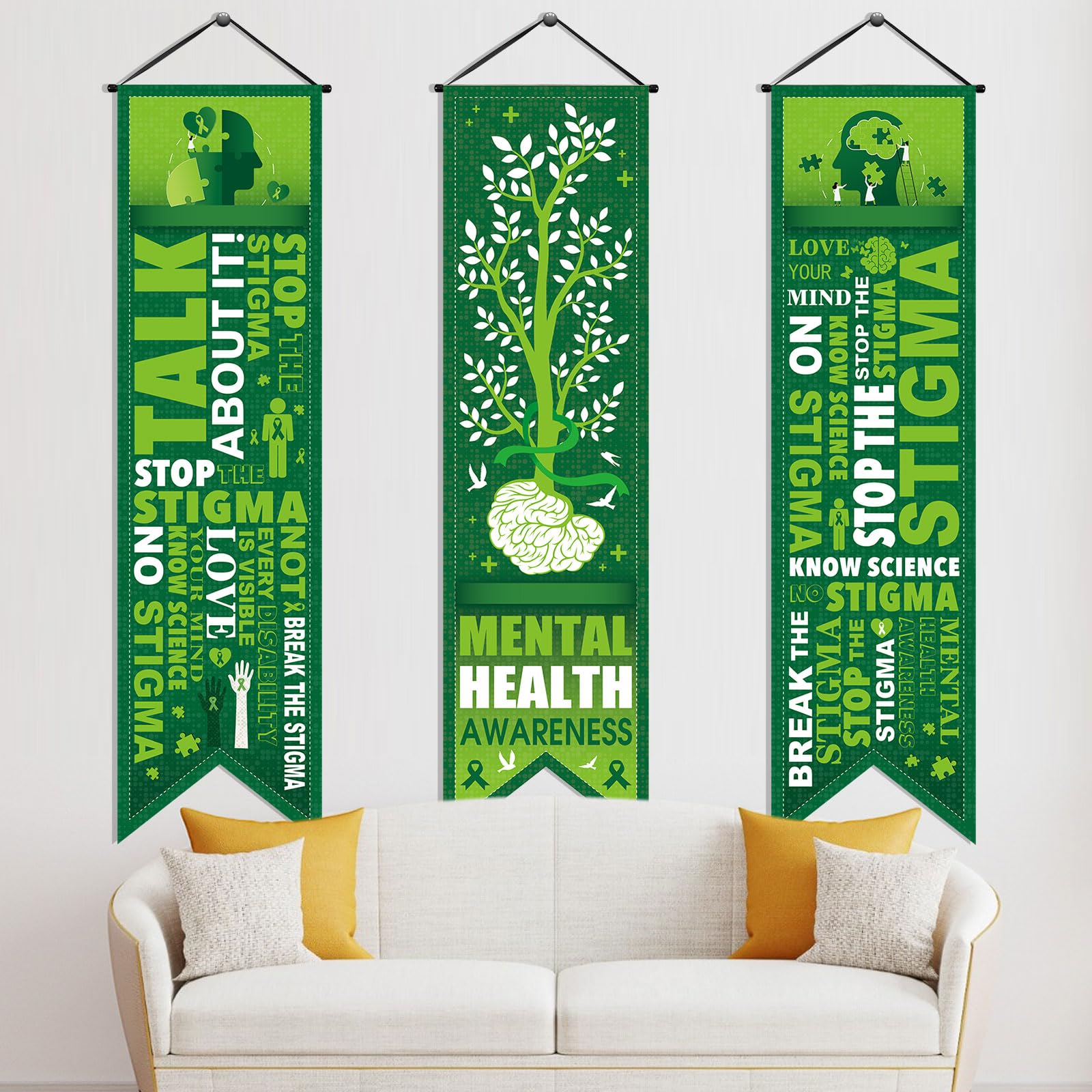 Blulu 3 Pcs Mental Health Awareness Banners Motivational Porch Signs 47''x12'' Inspirational Green Ribbon Awareness Banner Decorations for Indoor Outdoor Door Wall Mental Health Month Party Supplies - Image 2
