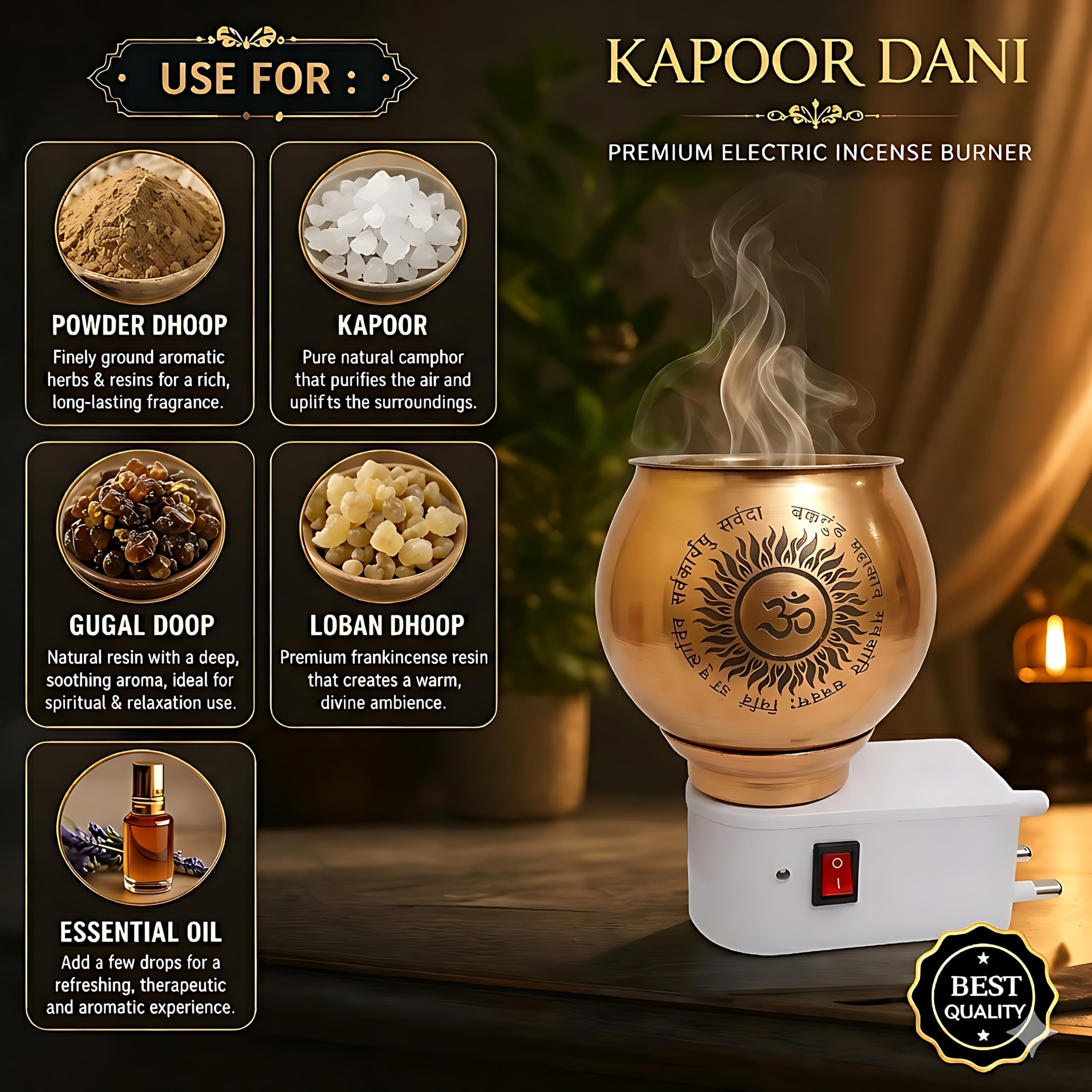 Electric Glass Kapoor Dani with Auto Cut-Off | Smokeless Camphor Burner with Night Lamp | Glass Aroma Diffuser for Home, Mandir & Pooja Room | Loban Dhoop Dani | Spiritual Fragrance & Meditation Decor