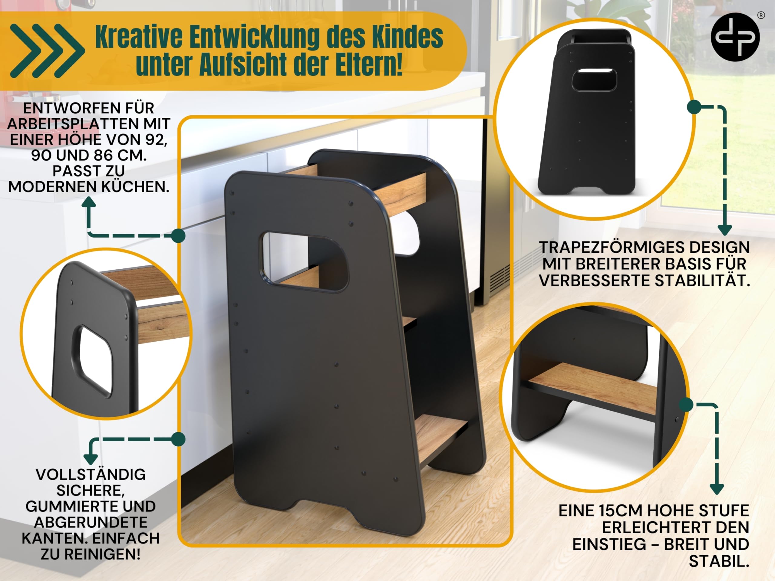 defiPad Lernturm ab 1 Jahr Höhenverstellbar, Montessori Learning Tower für Kinder Schwarz/Eiche, Küchenhelfer mit 3 Stufen und Kippschutz, Hergestellt in der EU