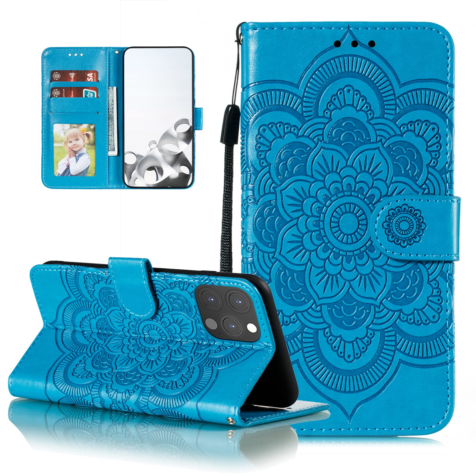 EYZUTAK Case for iPhone 13 Pro, Premium PU Leather Magnetic Flip Wallet Case with Card Holder Cash Slot Lanyard Strap Kickstand Function Embossed