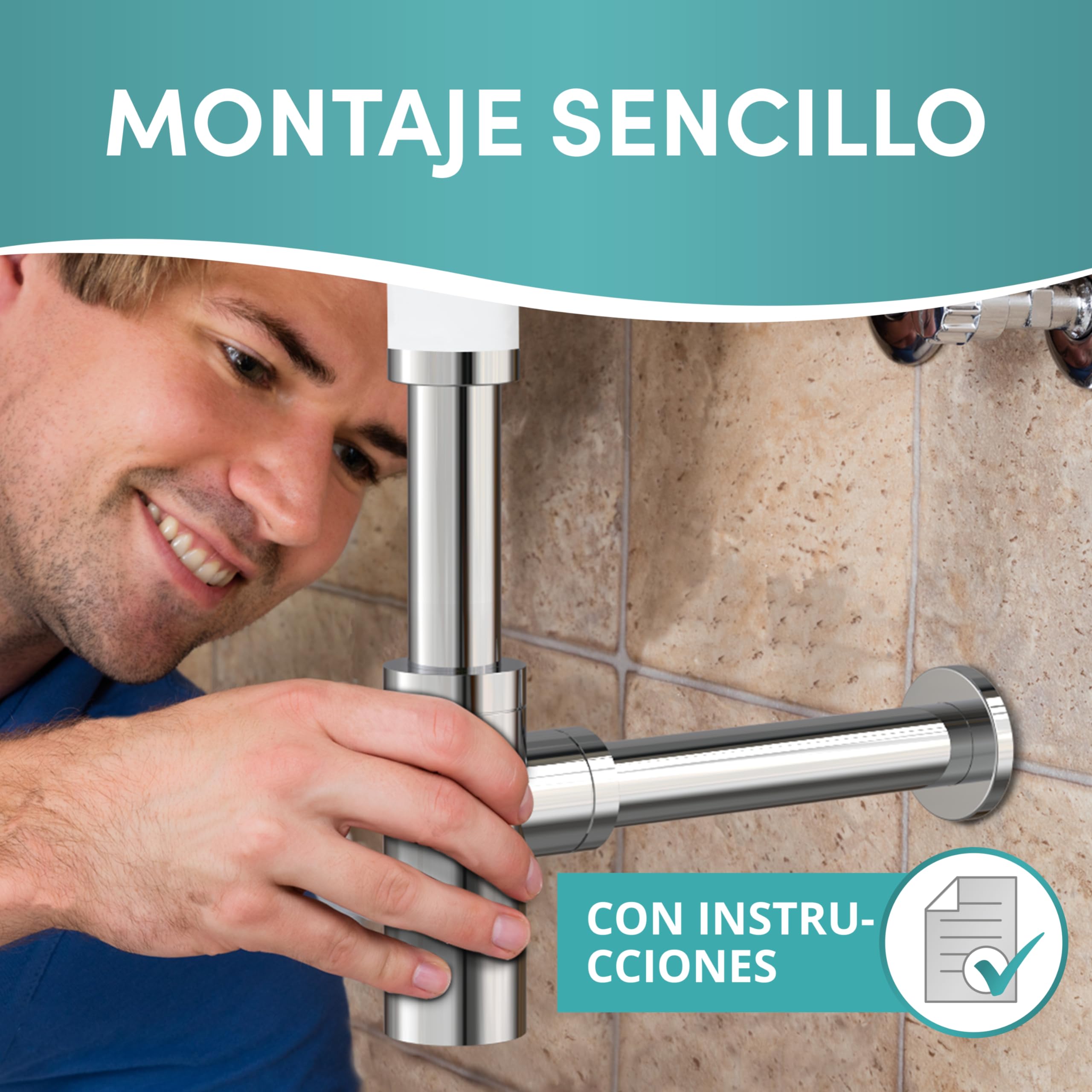 Engelbach® Sifón diseño para lavabo 1 1/4" con apertura limpieza - Desagüe universal con junta de goma e instrucciones - Cromado