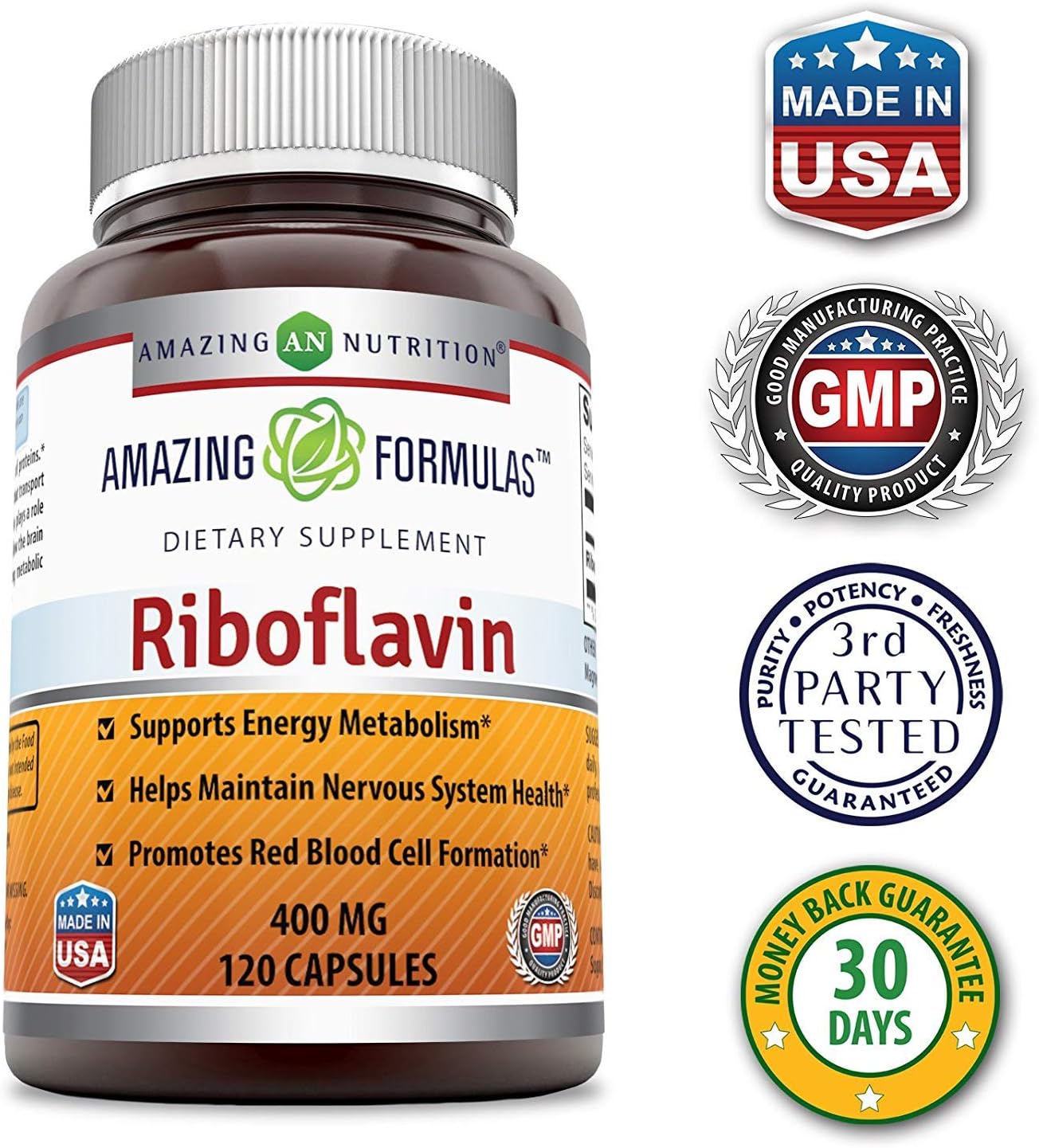 Amazing Formulas Riboflavin Dietary Supplement - 400 Milligrams - Promotes Healthier Blood - Helps Maintain Nervous System. (240 Capsules) : Health & Household