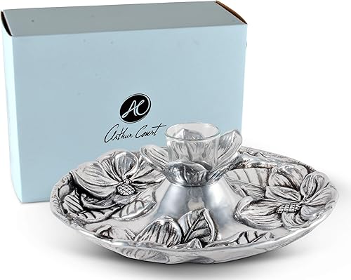 Arthur Court Bandeja de metal de aluminio con diseño de flores de magnolia Tidbit Cheese Hors con vidrio para palillo de dientes, plato de