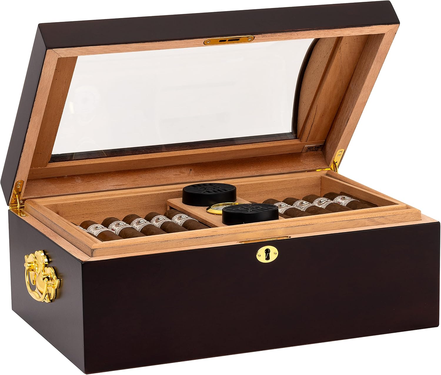 The IL Duomo Cigar Humidor, Hold Up to 150 Cigars, Tempered Beveled Glass Dome Top, Glass Hygrometer with Brass Frame, Spanish Cedar Tray with Divider